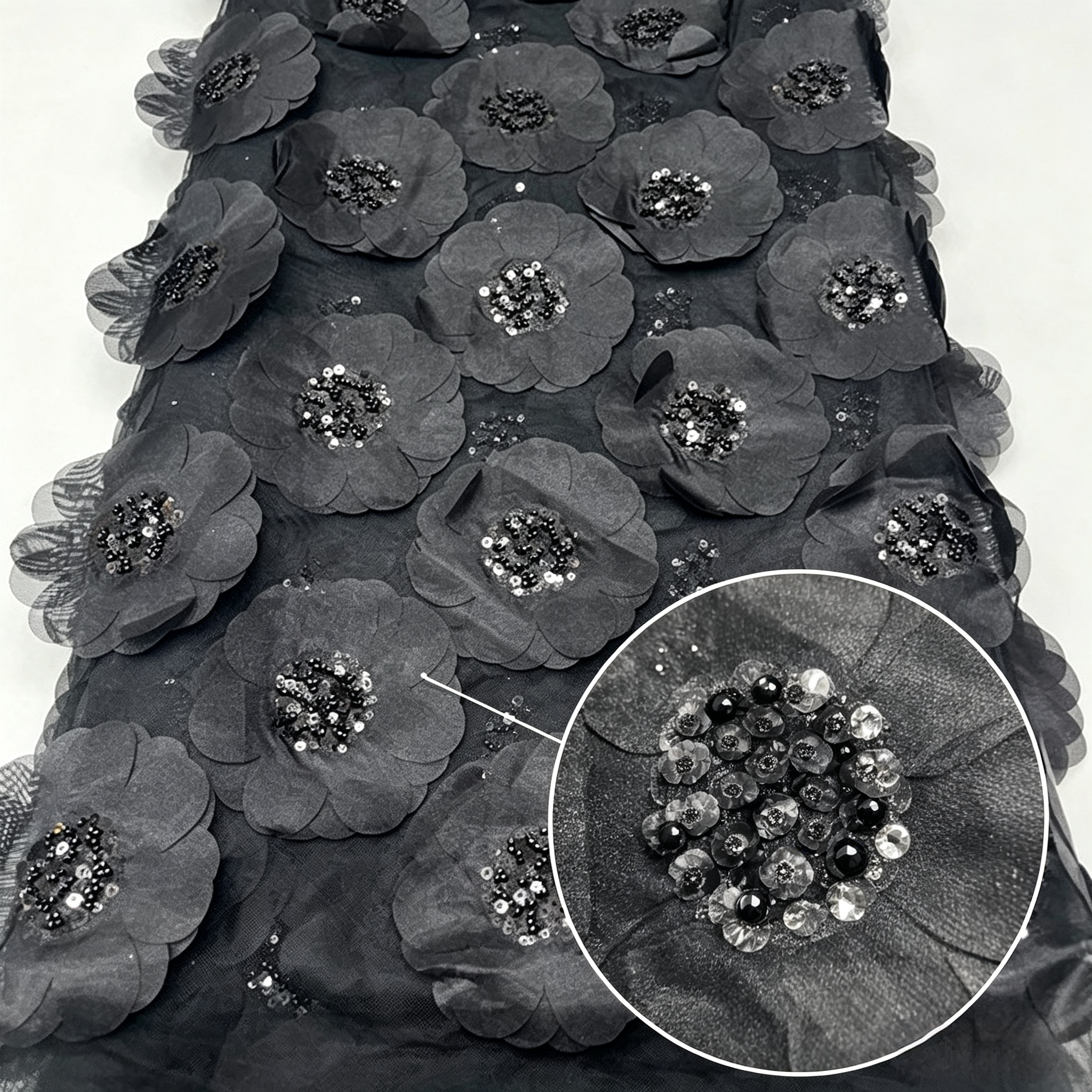 Black 3D chiffon flower tulle fabric with black beads jet sequins and silver accent sequins