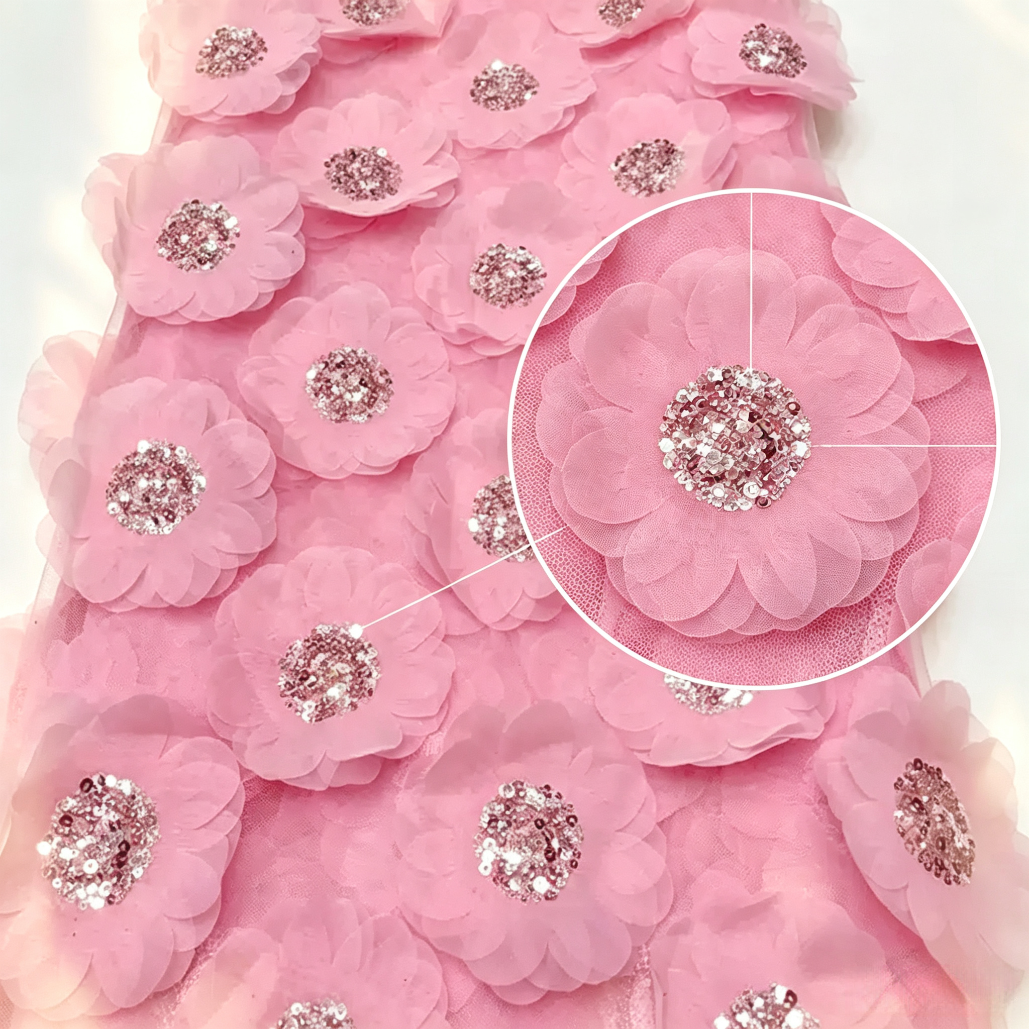 Pink 3D chiffon flower tulle fabric with pink sequins and rose gold beads