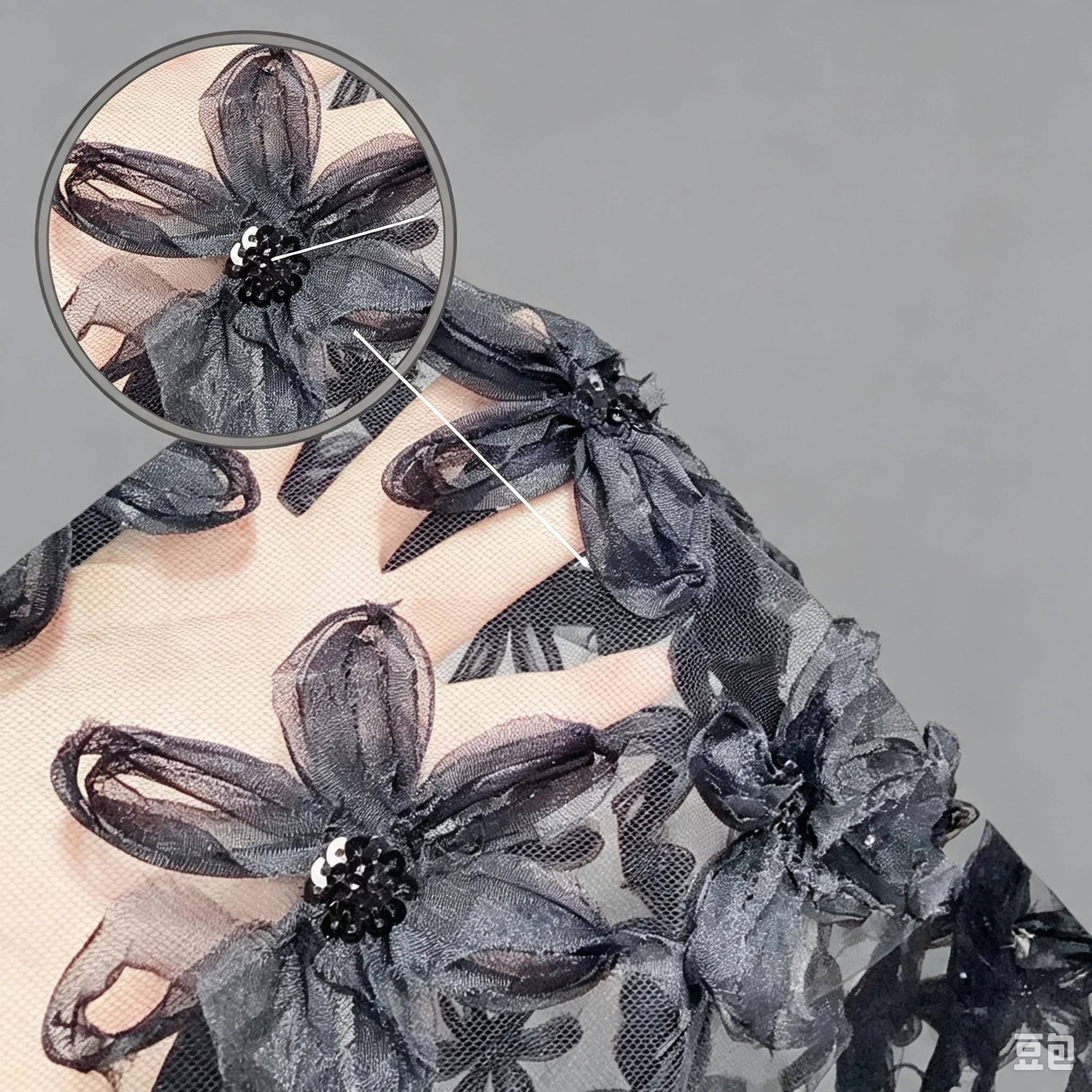 Black 3D organza flower tulle lace with raised floral petals and black sequin centers