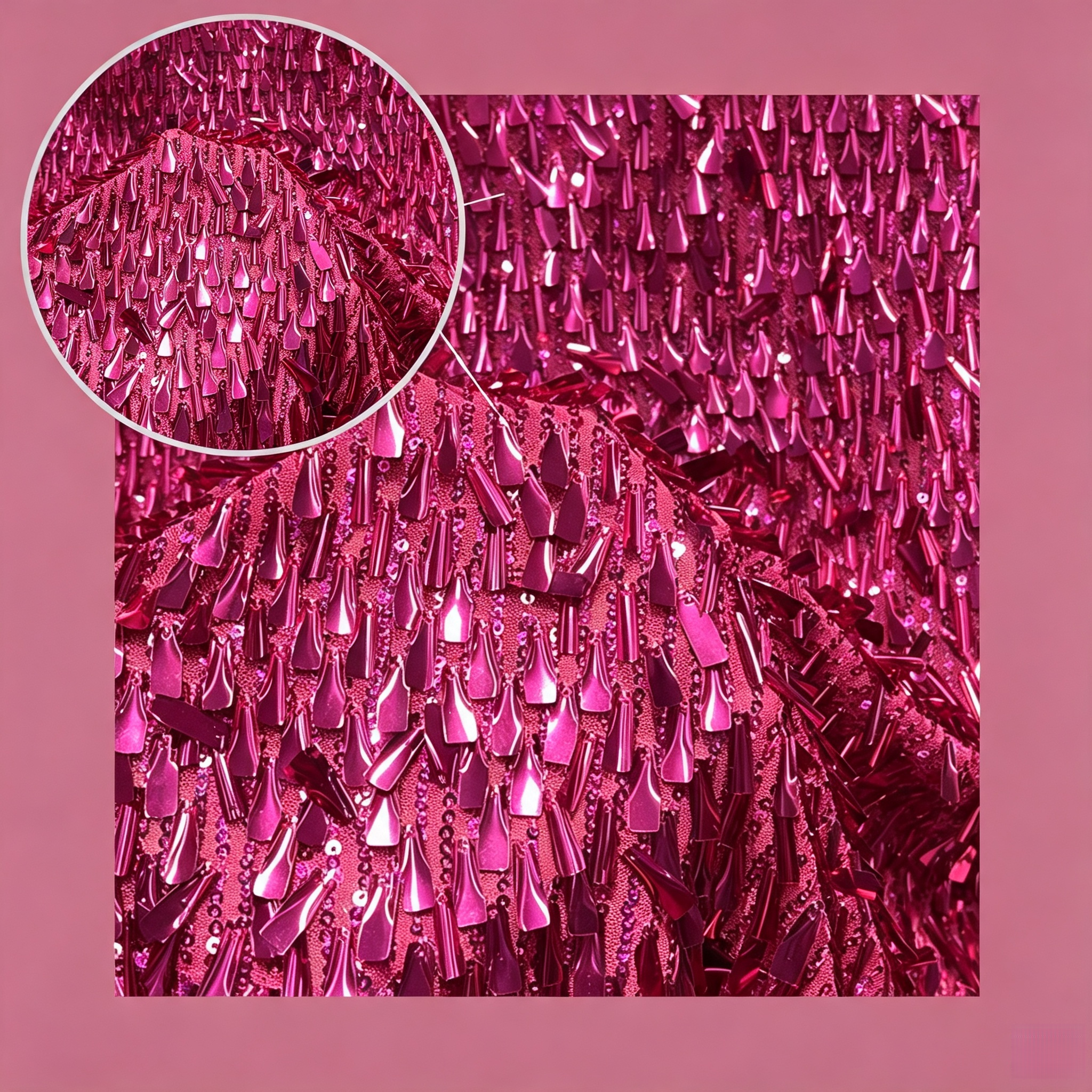 Magenta irregular blade shaped sequin fabric with elongated pointed metallic sequins