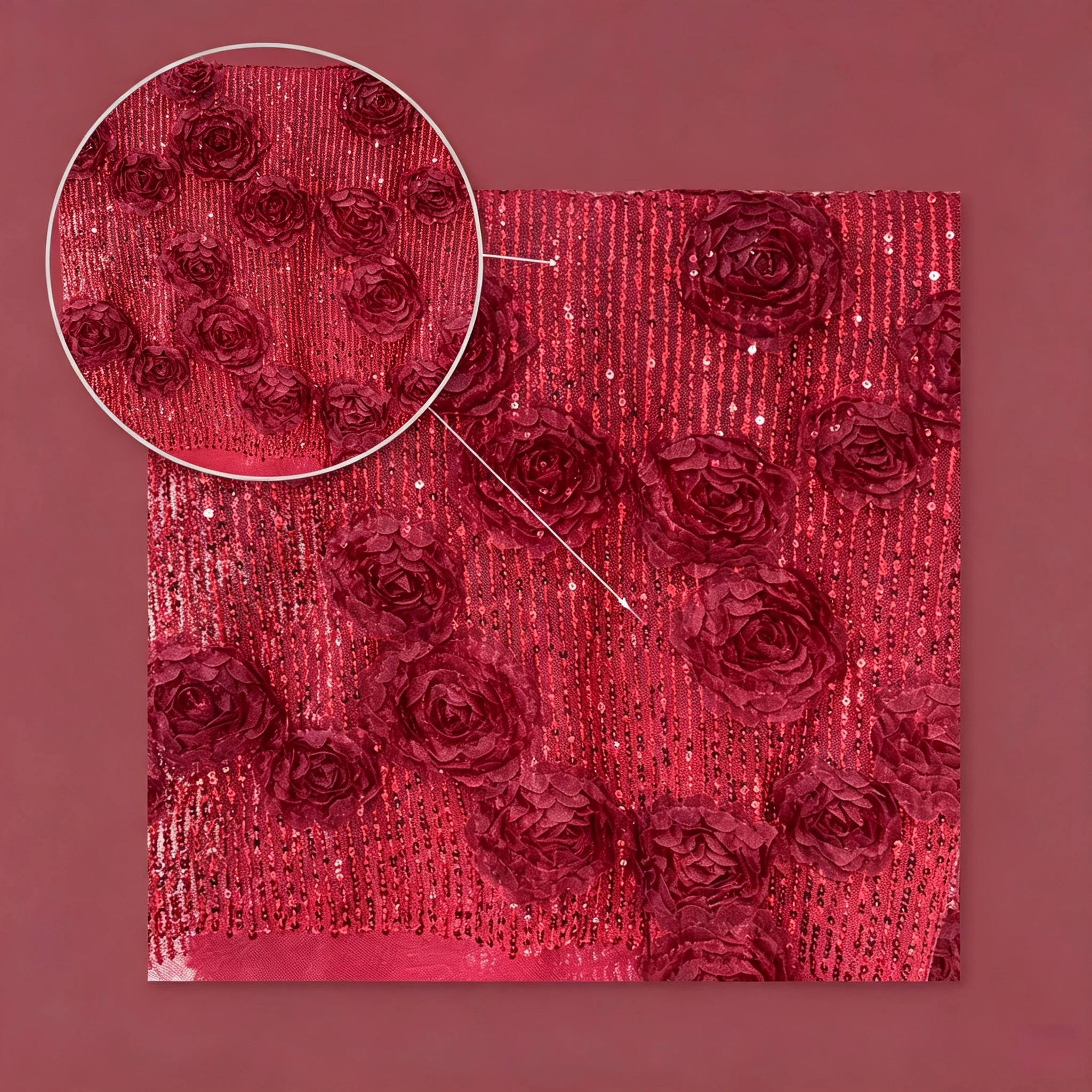 Burgundy sequin mesh fabric with layered three dimensional fabric roses