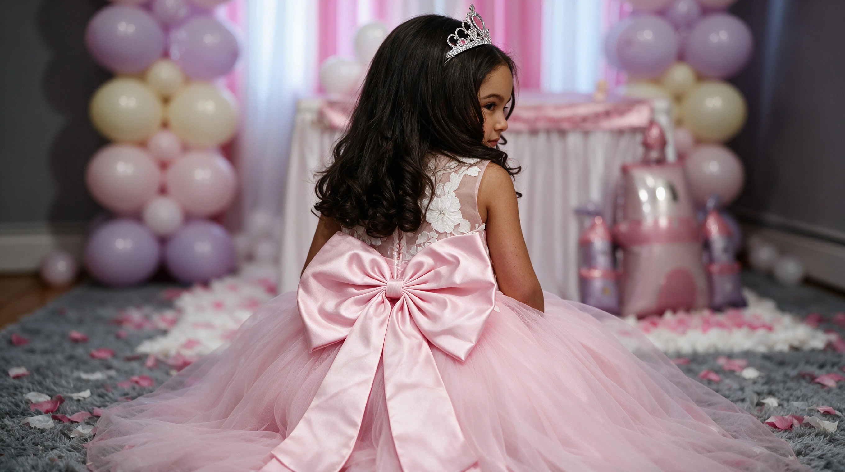 Back sitting view showing the large satin bow on a pink kid gown