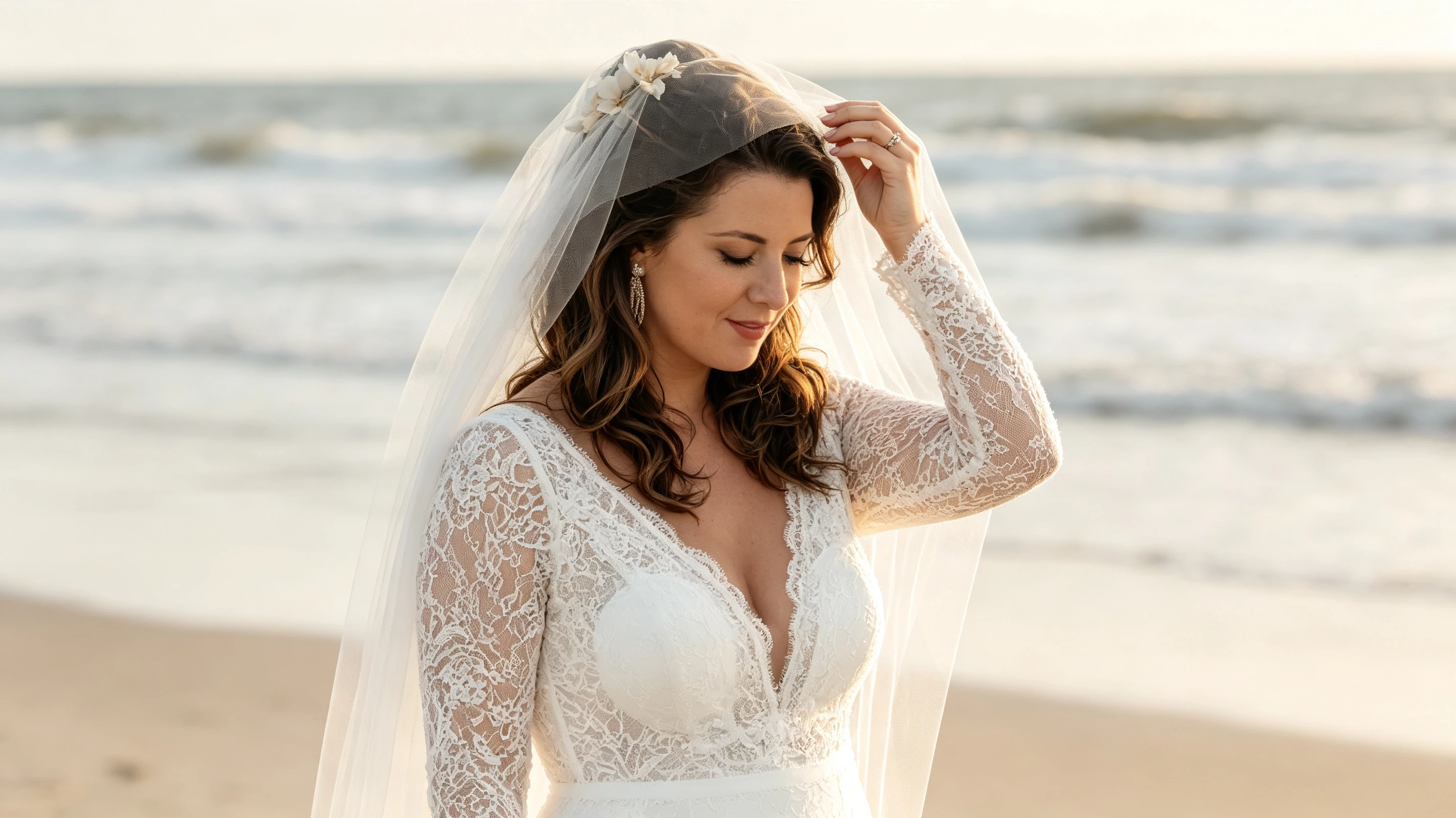 Bride adjusting veil medium shot seaside wedding