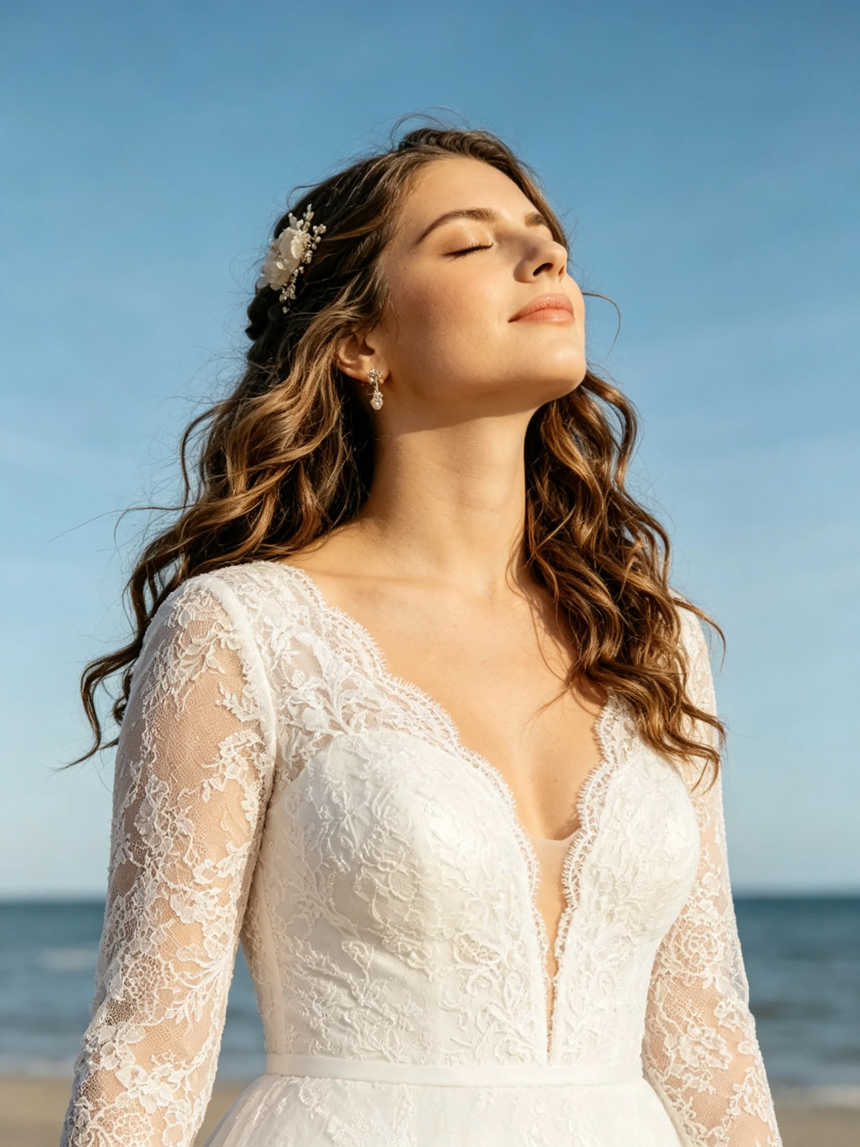 Bride with eyes closed relaxed on beach in wedding dress