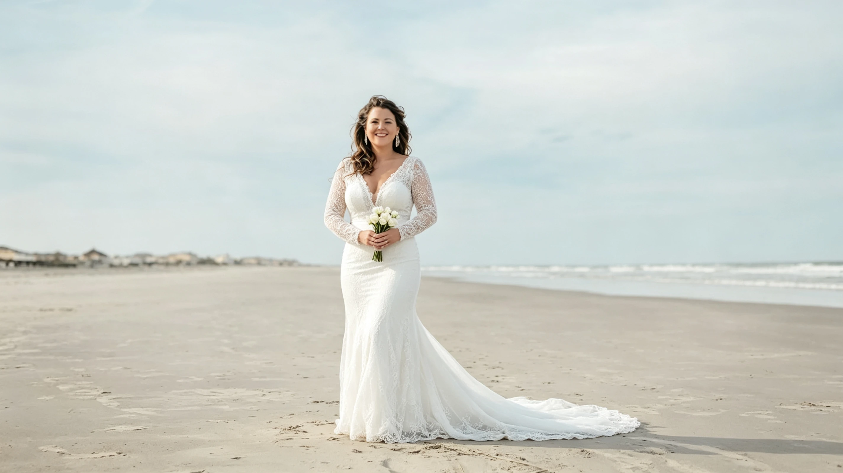 Bride in long sleeve lace wedding dress holding white bouquet on empty beach