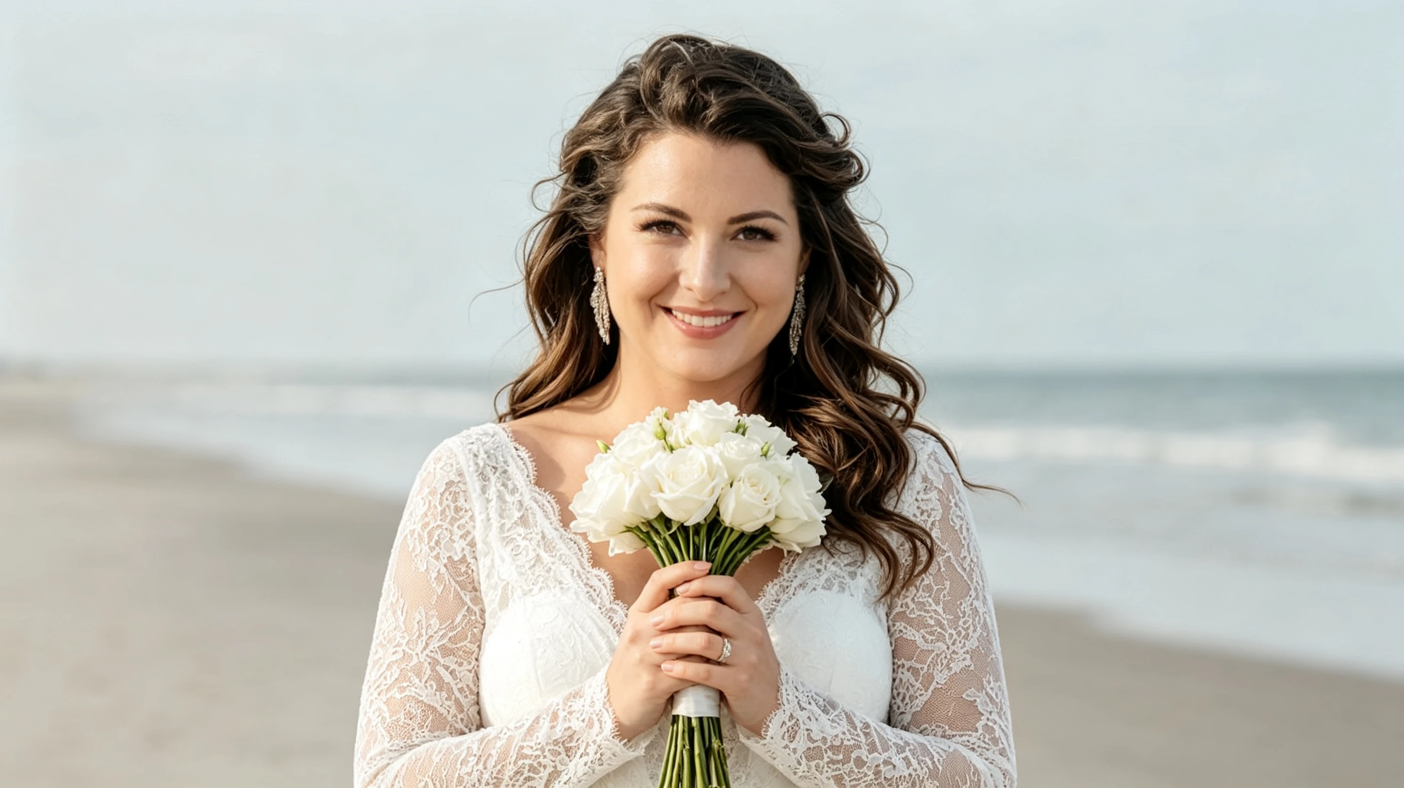 Smiling bride holding white bouquet in lace wedding dress on beach