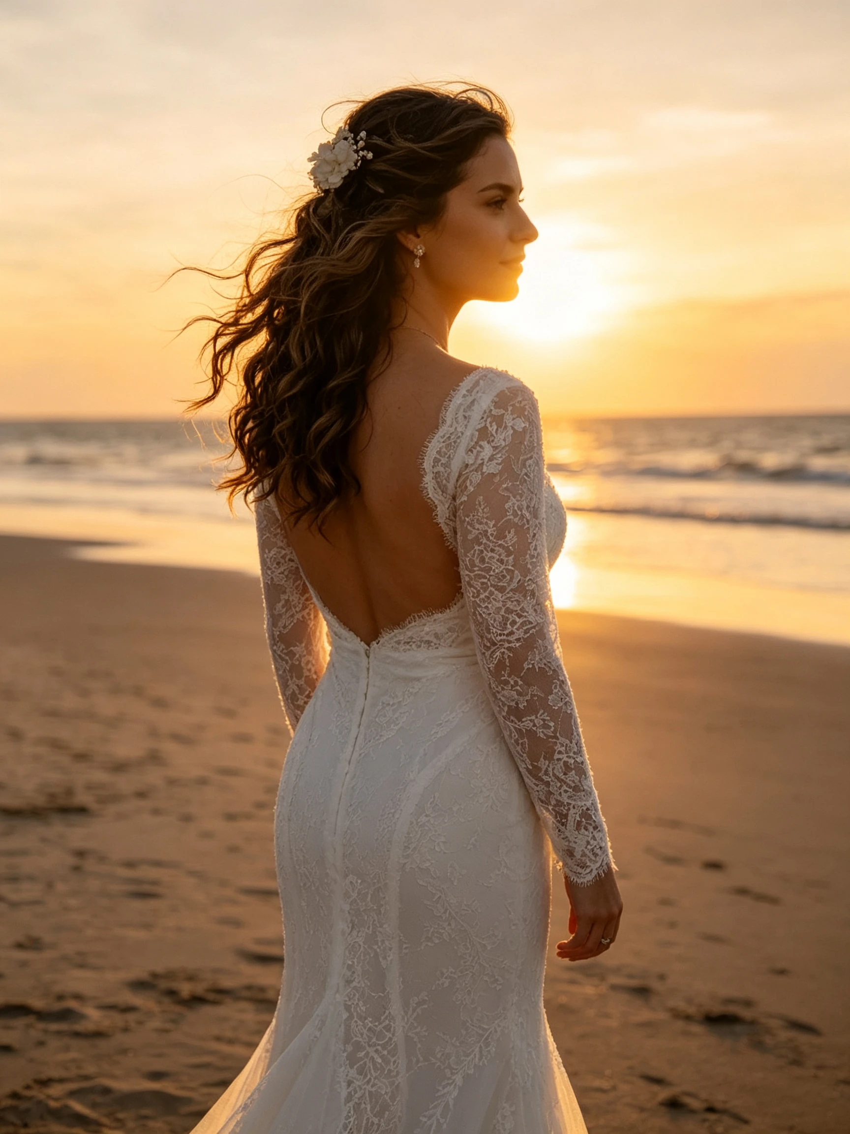Bride sunset back view silhouette at beach wedding