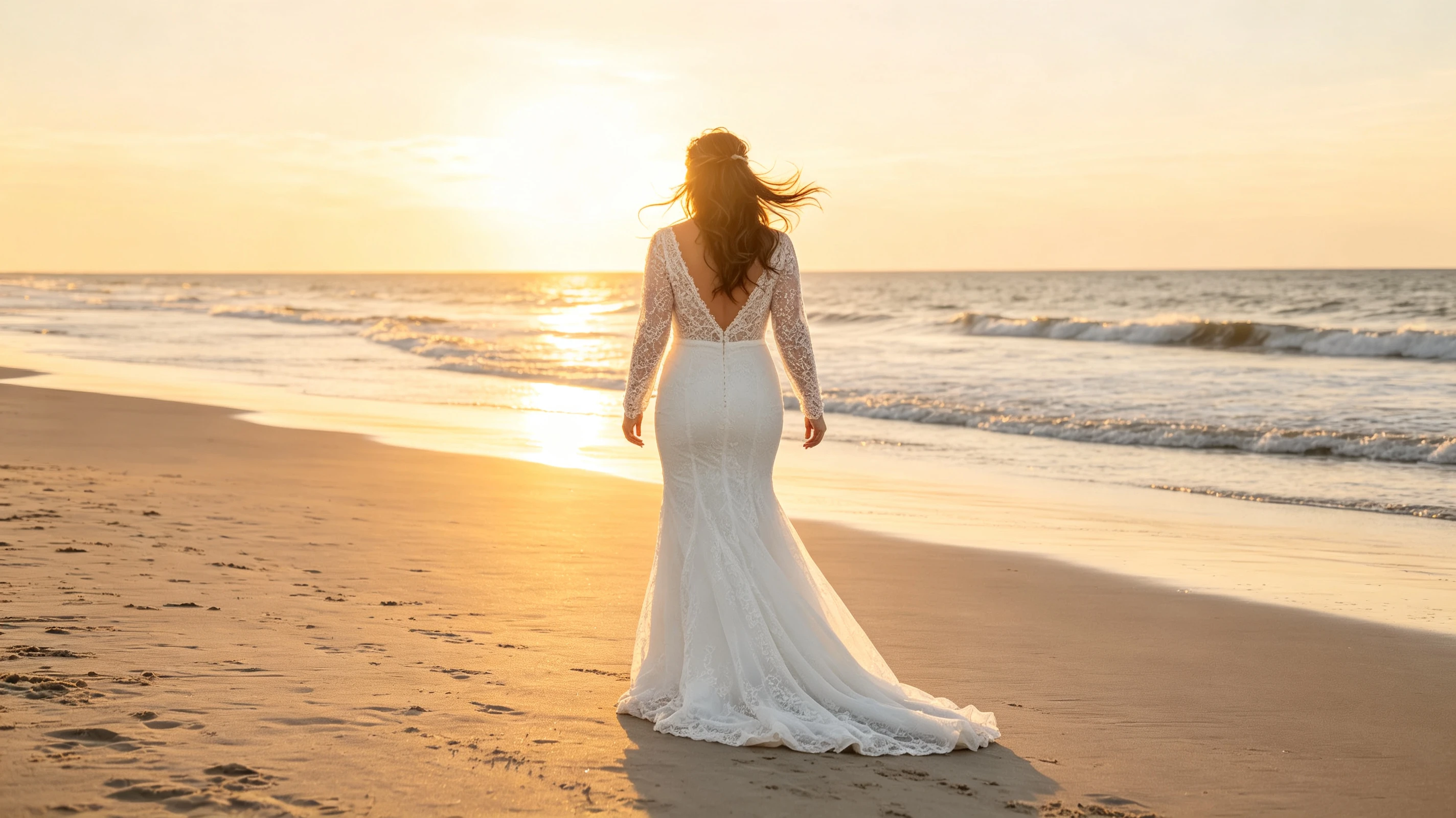 Bride sunset walking toward ocean back view at beach wedding