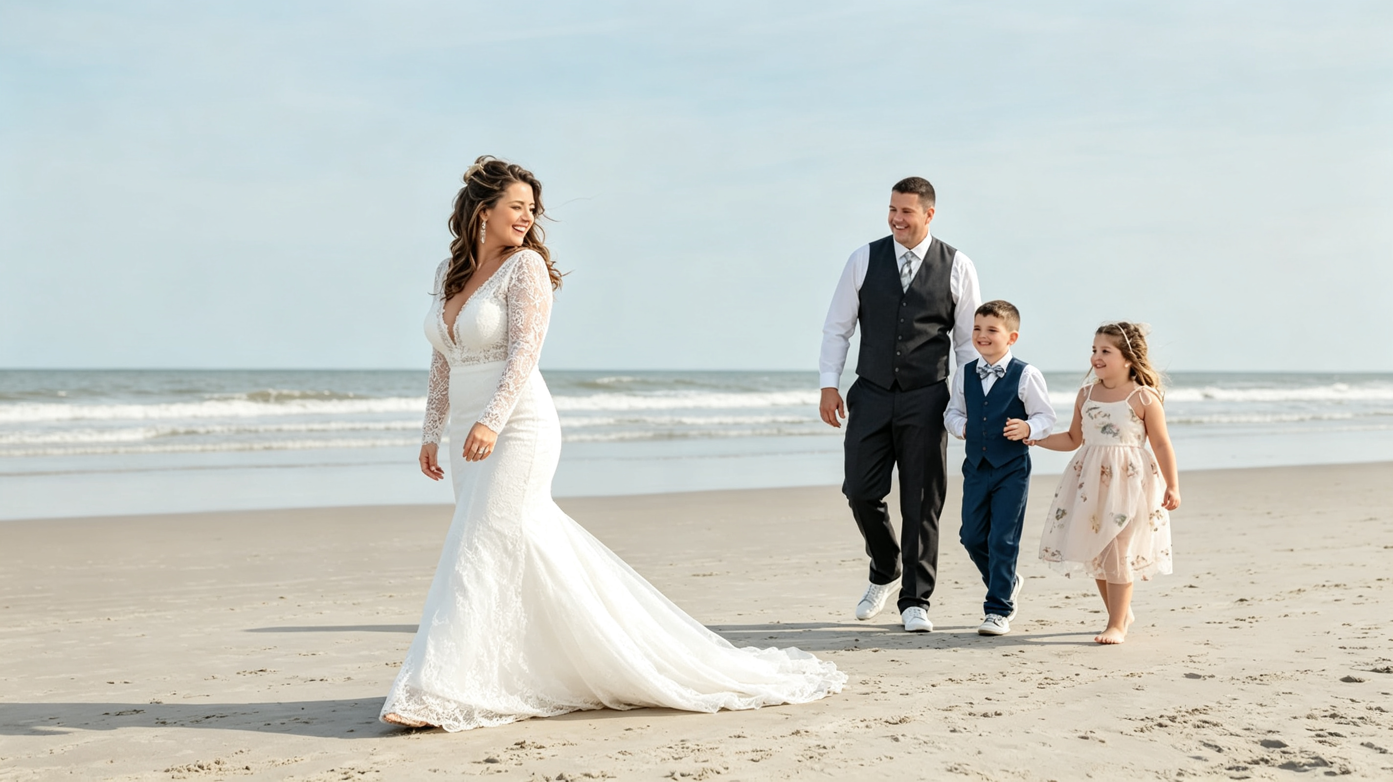Bride walking with family and kids on beach wedding day