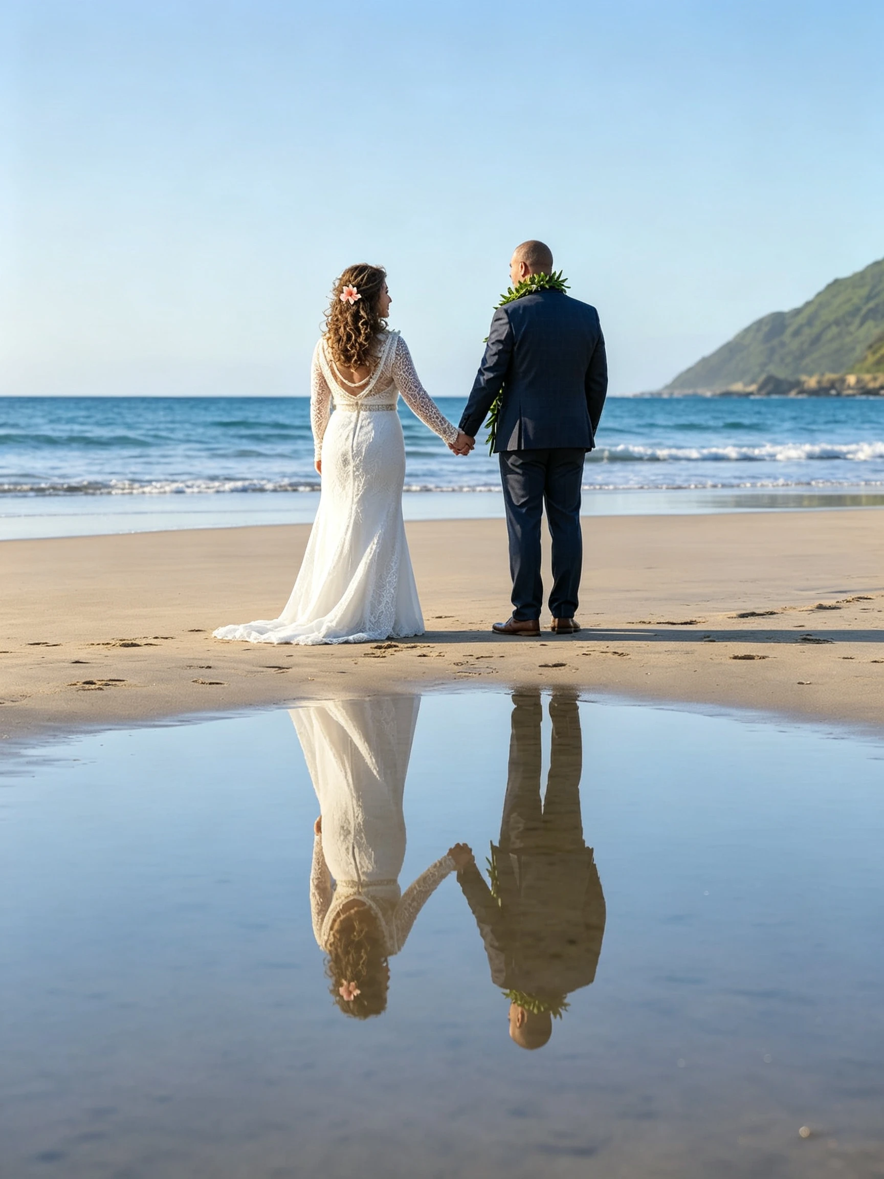 Newlywed couple reflected in shallow water on a sandy Oahu beach
