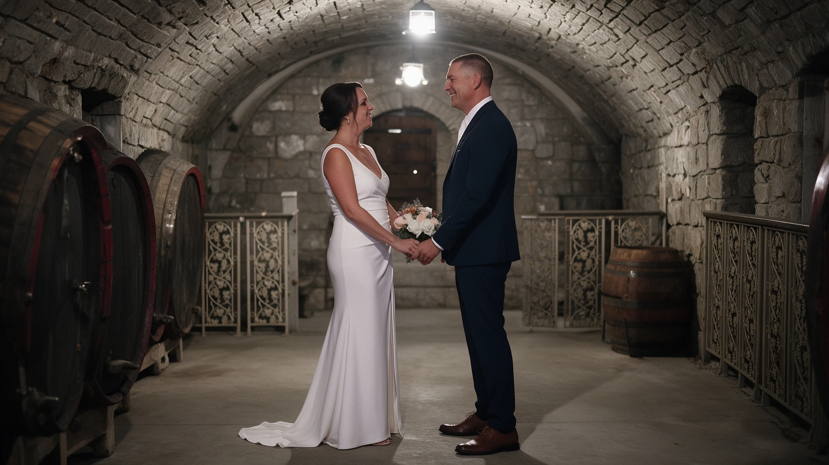 Bride between wine cellar barrels wearing a white crepe gown with train