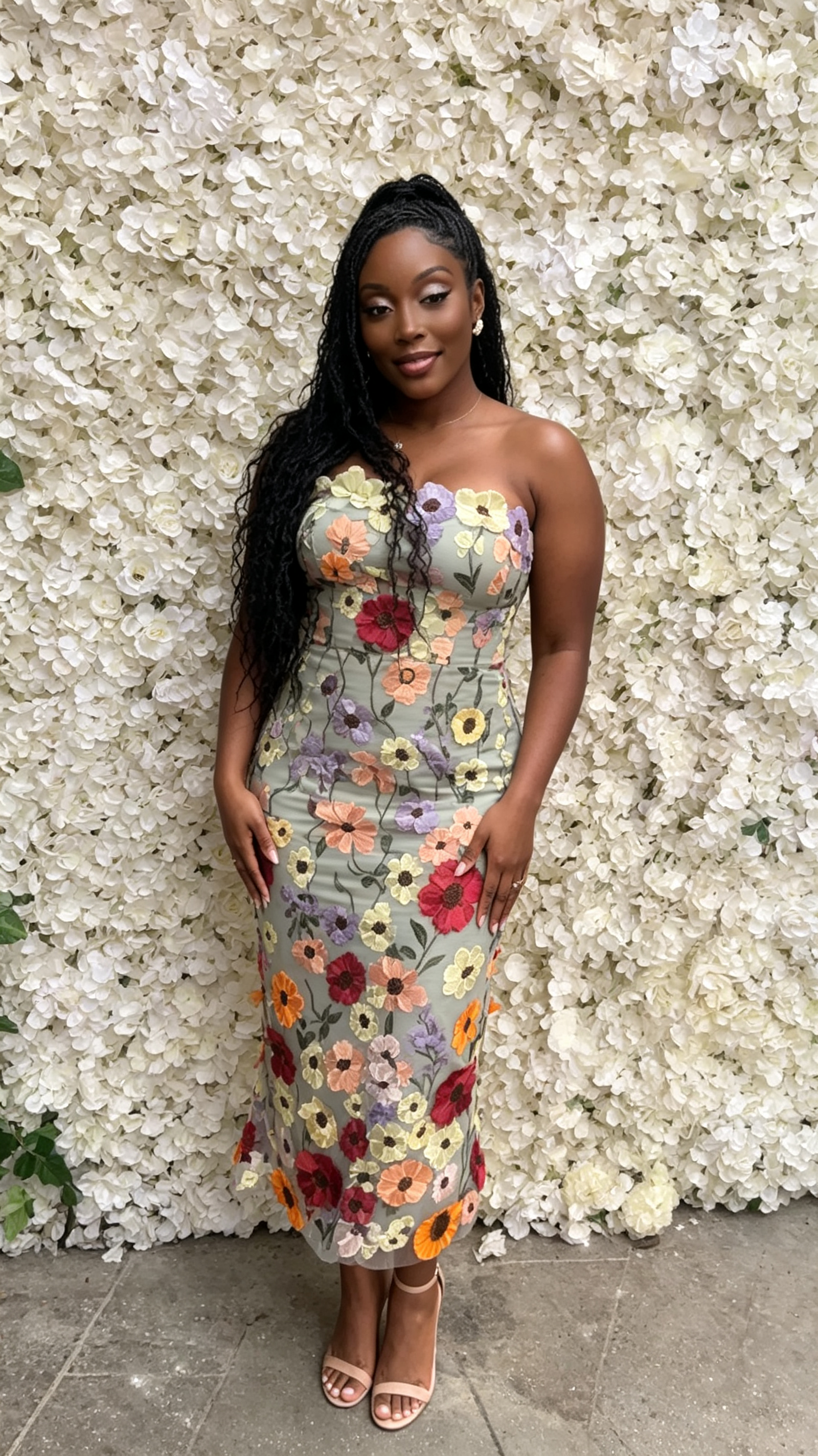 Woman wearing a strapless floral midi dress at a birthday garden celebration