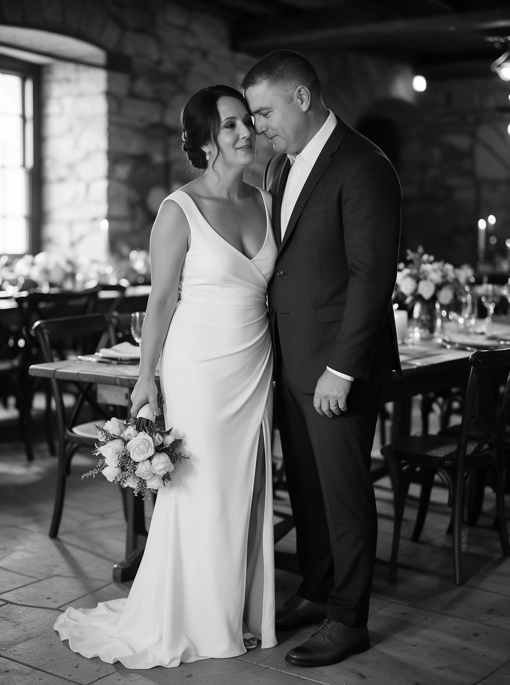 Black and white close wedding portrait of bride wearing a white crepe sheath gown