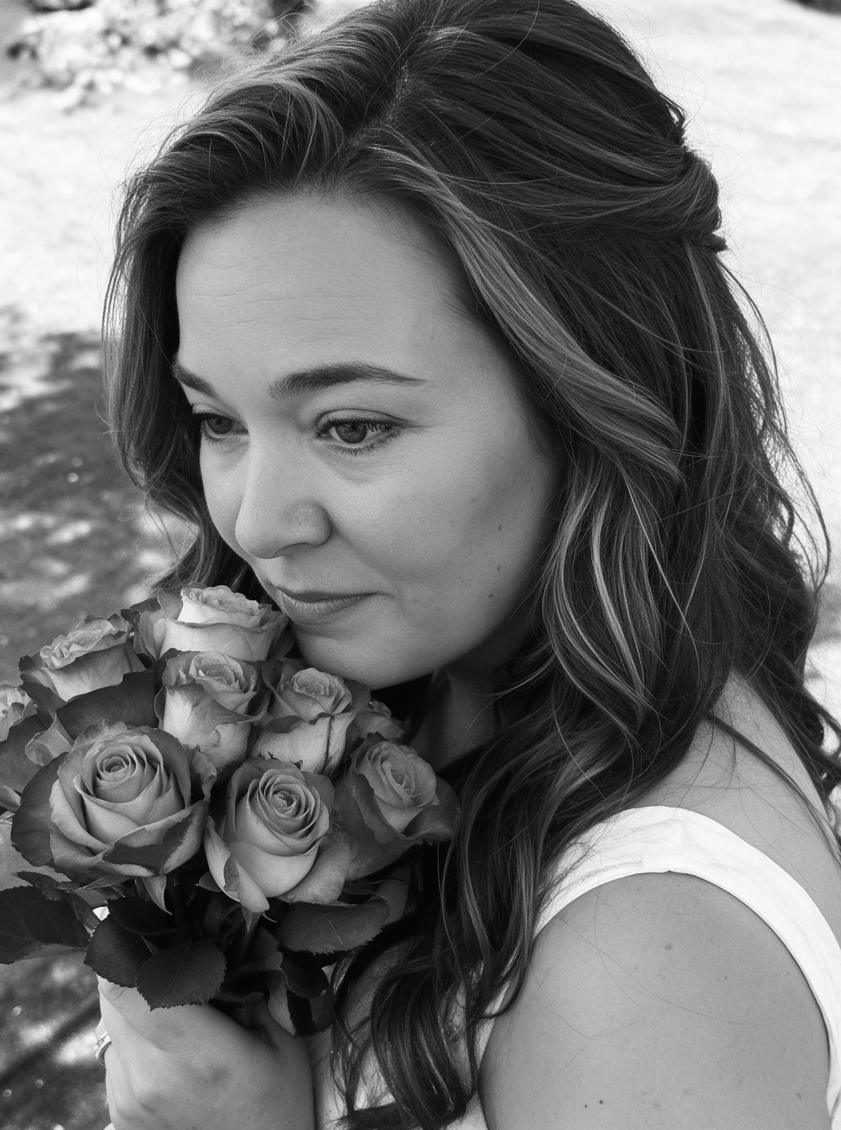 Black and white portrait of the bride holding her pink bridal bouquet