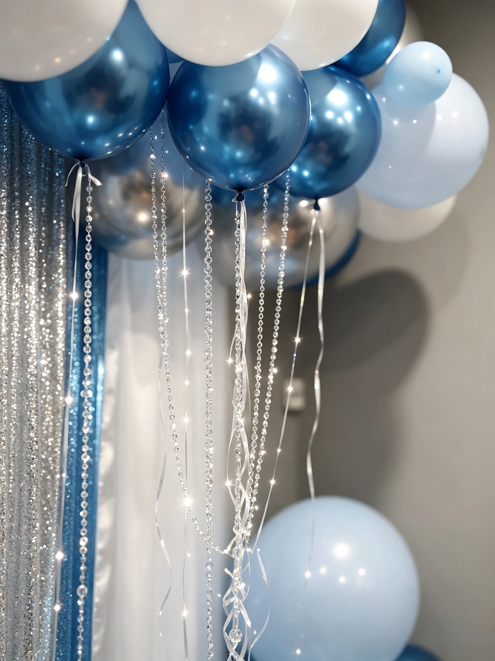 Blue and silver Sweet 16 party balloon decoration detail