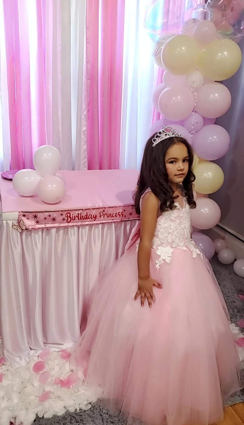 Blush pink tulle flower girl gown for a little birthday princess