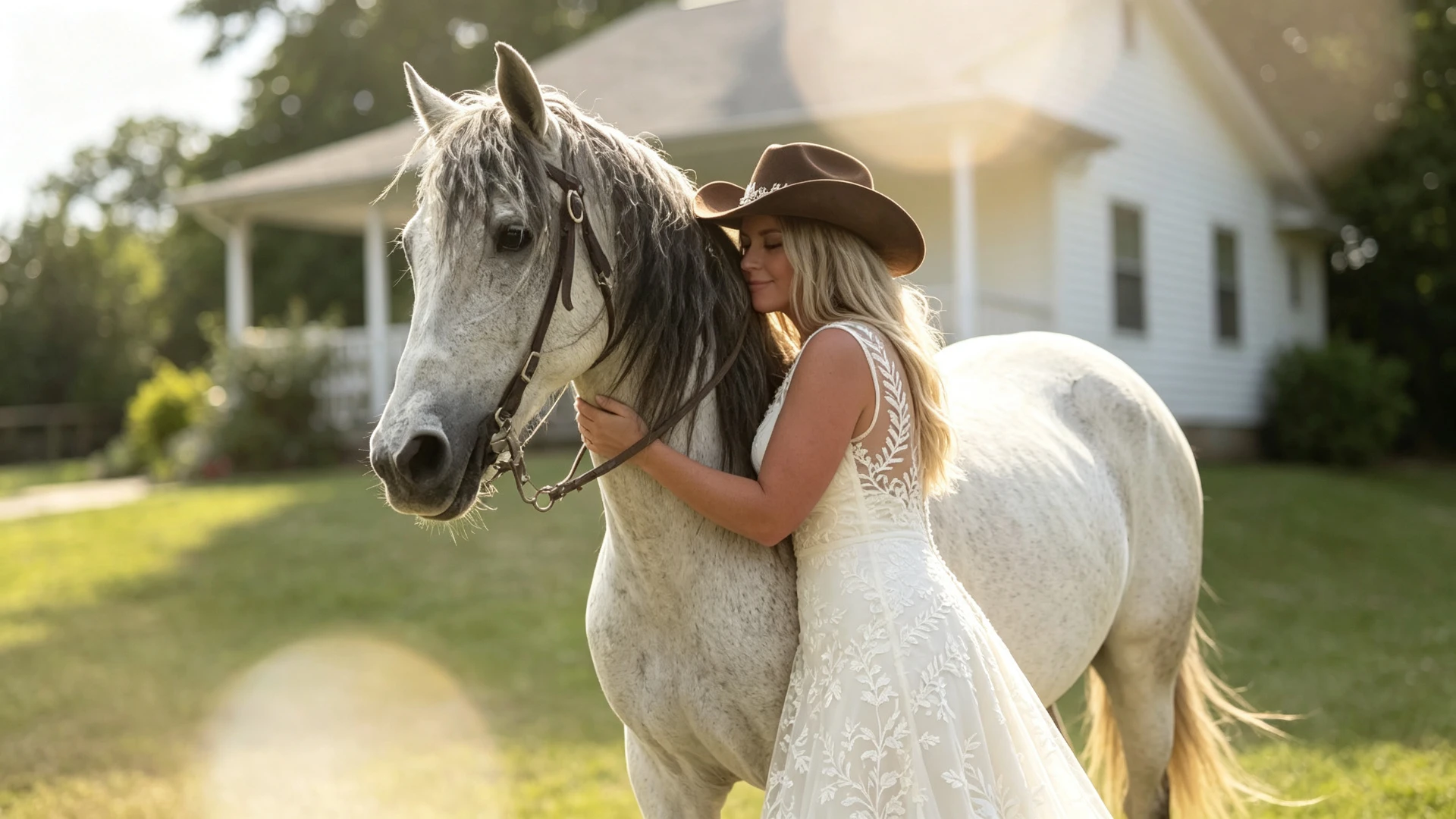 Bride in a botanical lace wedding dress standing with a white horse near a farmhouse