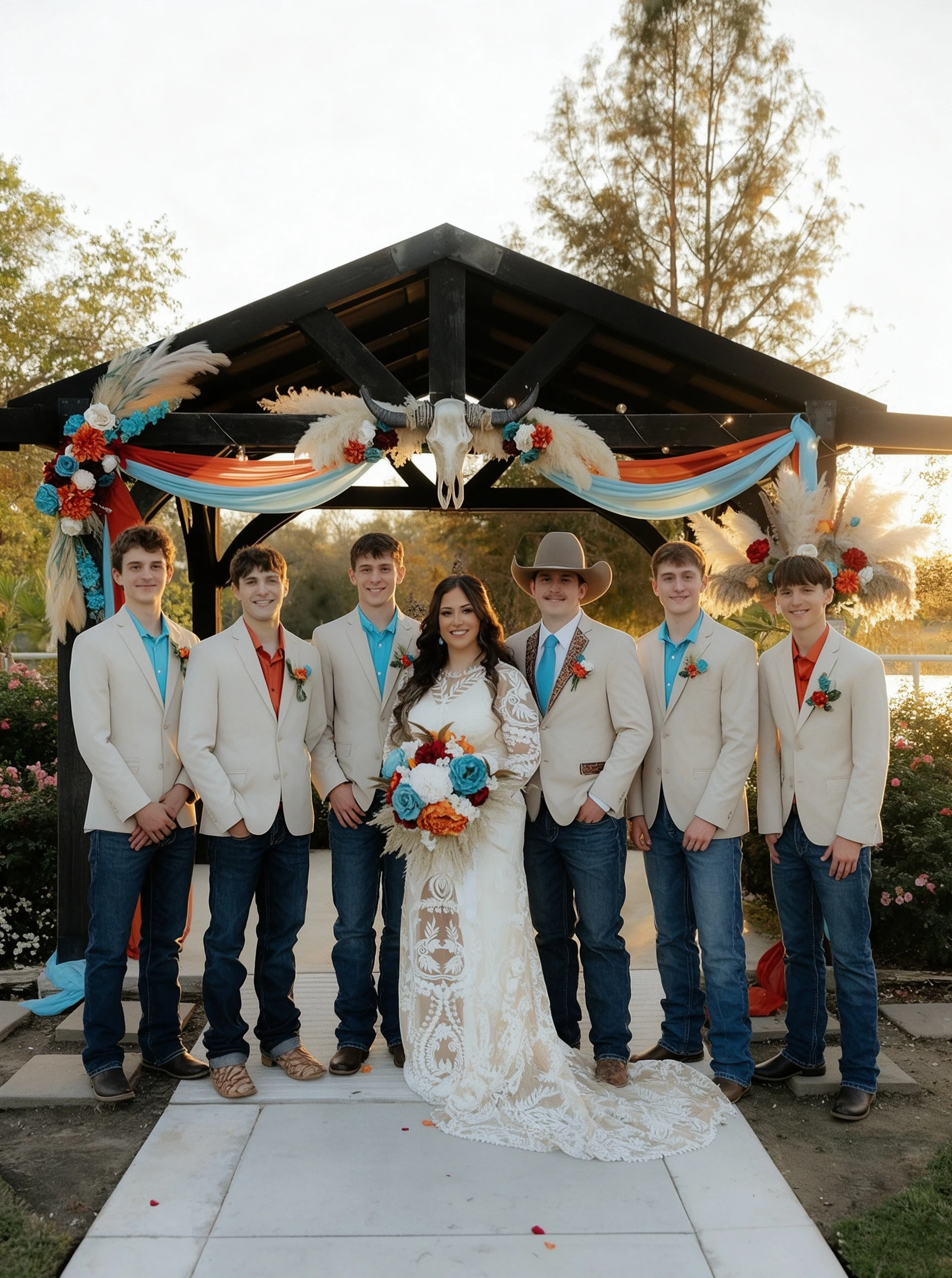 Bridal party and bride in lace wedding dress at Texas ranch gazebo