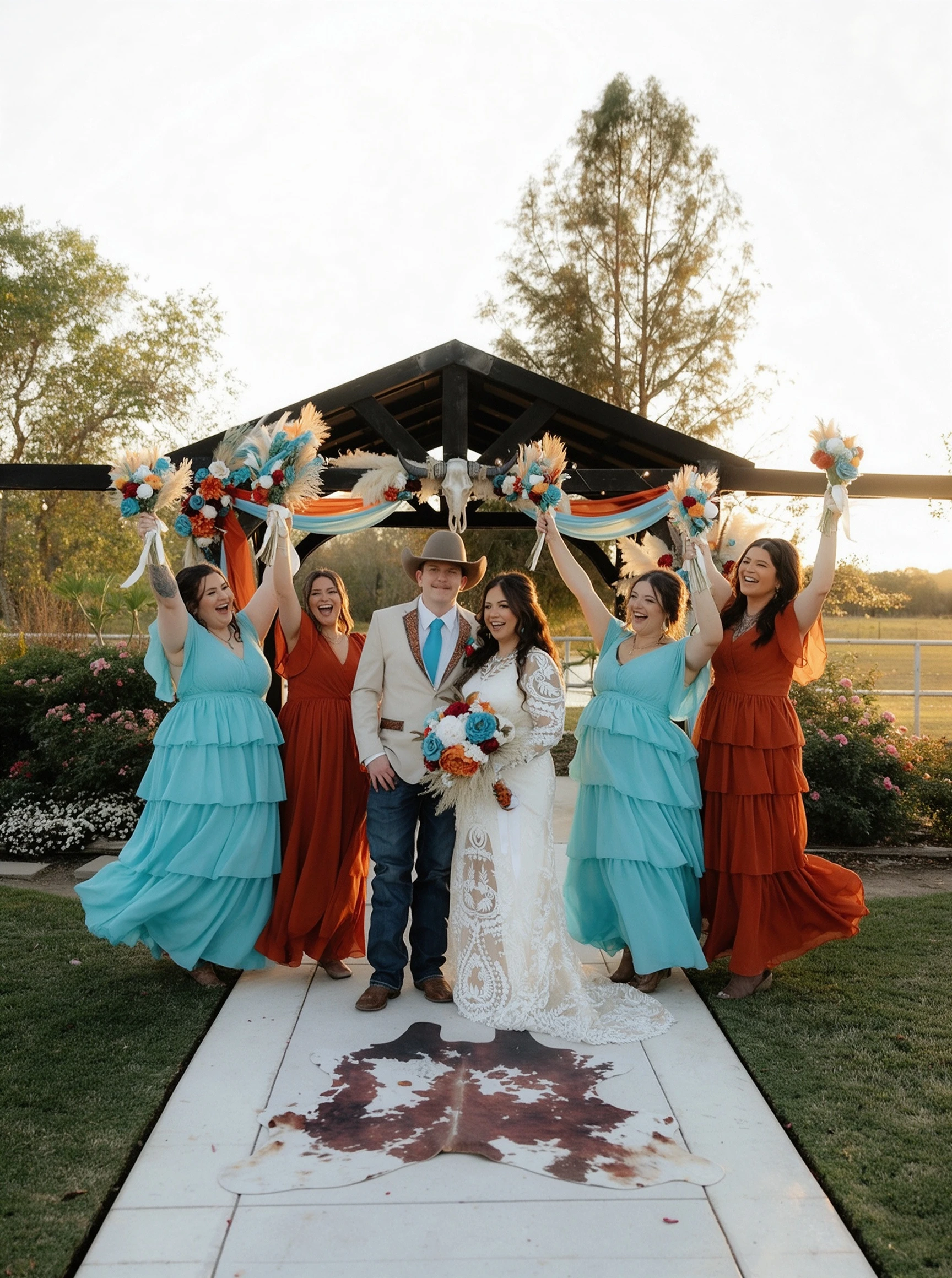 Bridesmaids celebrating around bride wearing lace wedding dress