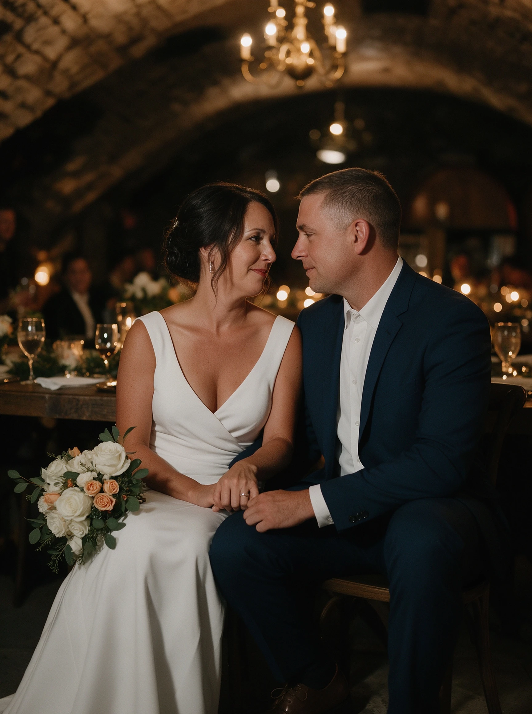 Bride and groom sharing a candlelit winery reception moment