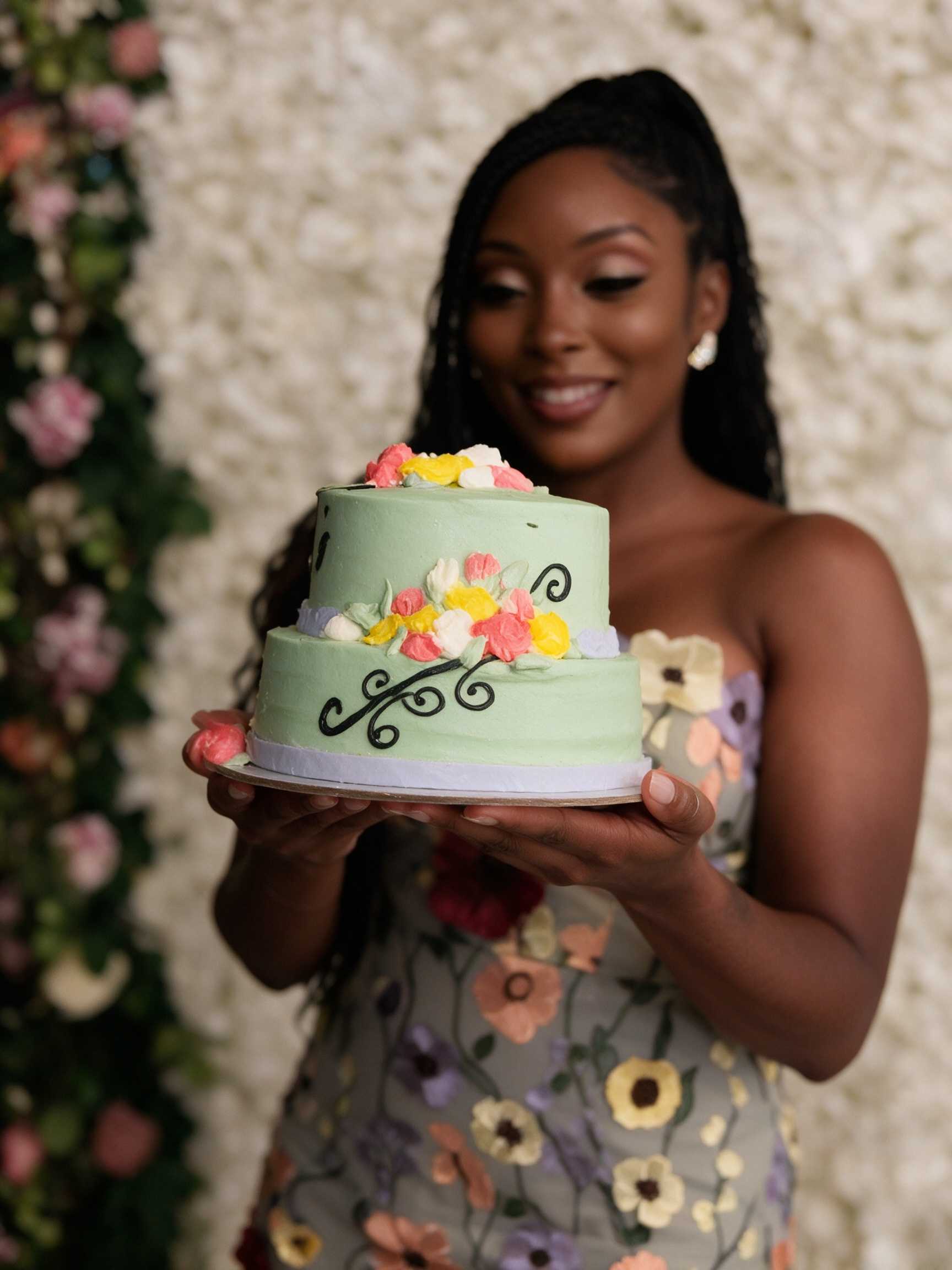 Woman in strapless floral print dress holding a green birthday cake