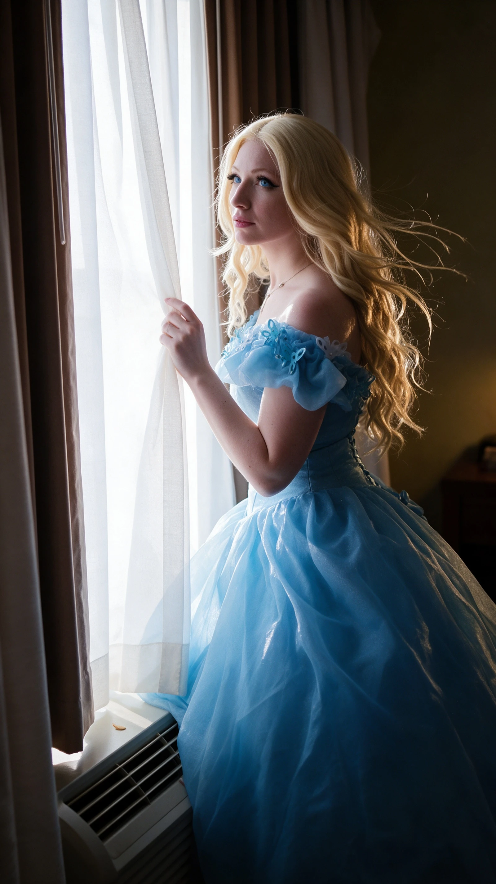 Cinderella blue ball gown side profile by window