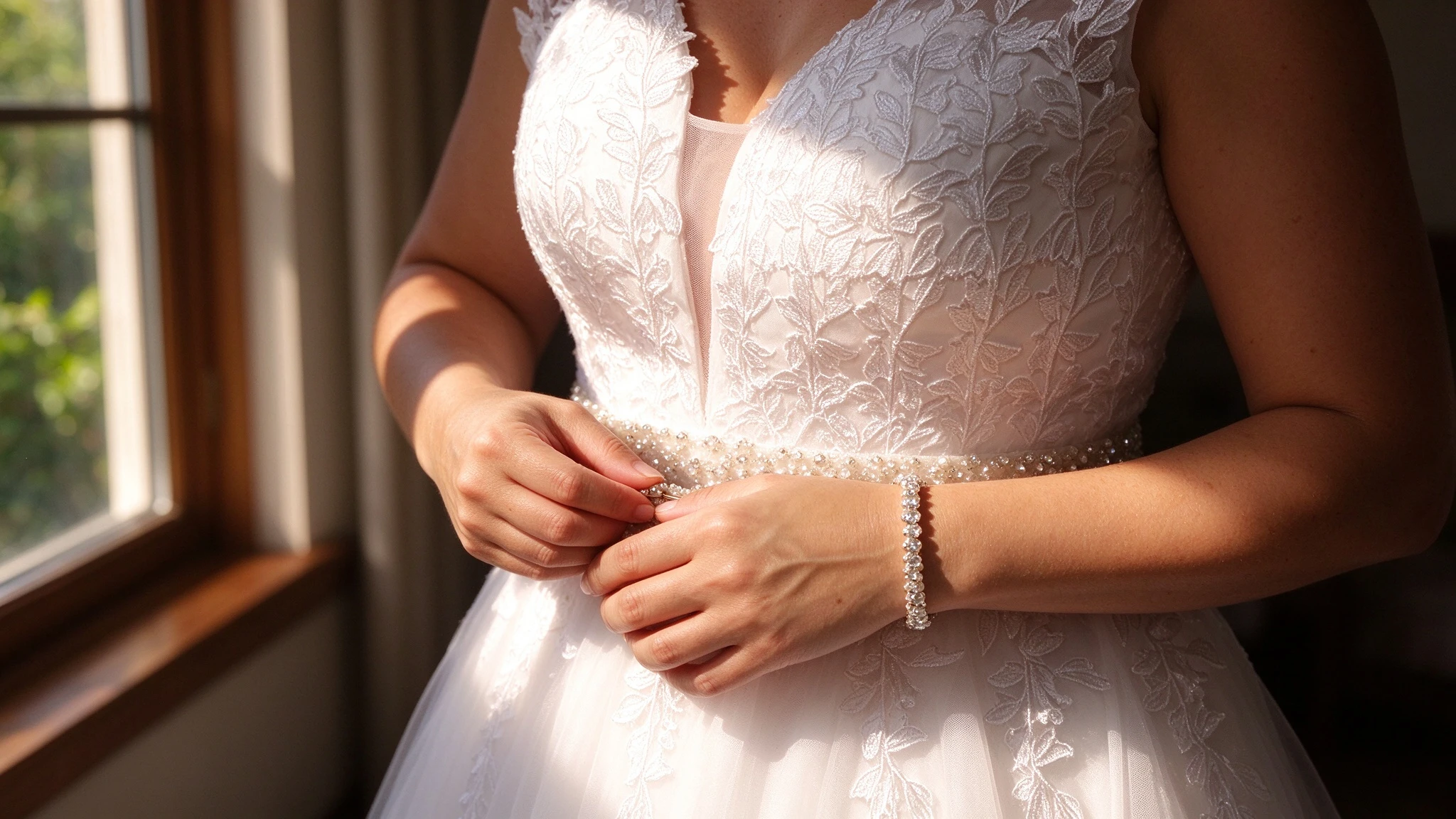 Close-up view of the V-neck lace bodice and delicate detailing on the wedding dress