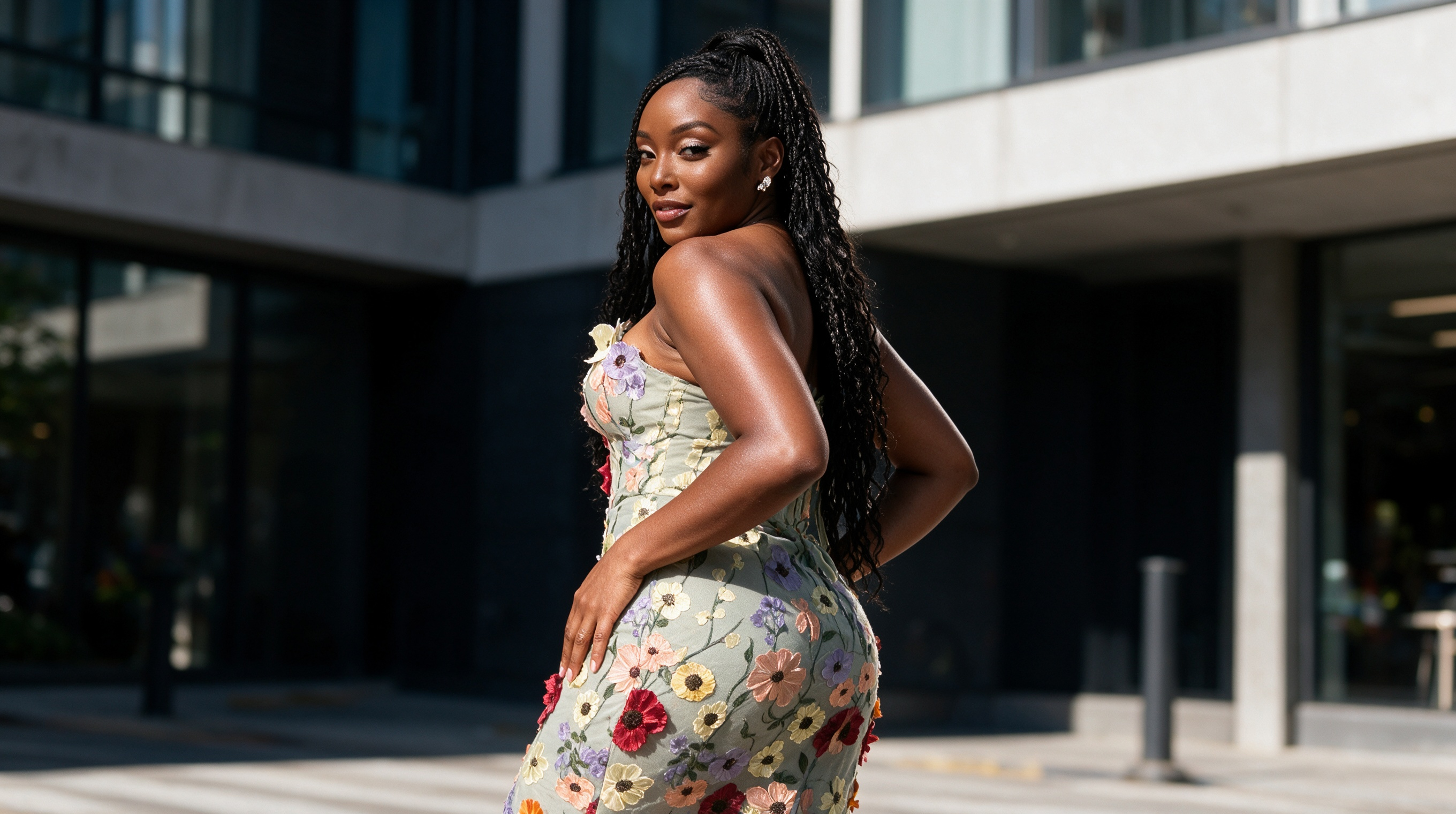 Confident woman wearing floral strapless dress in a garden birthday setting