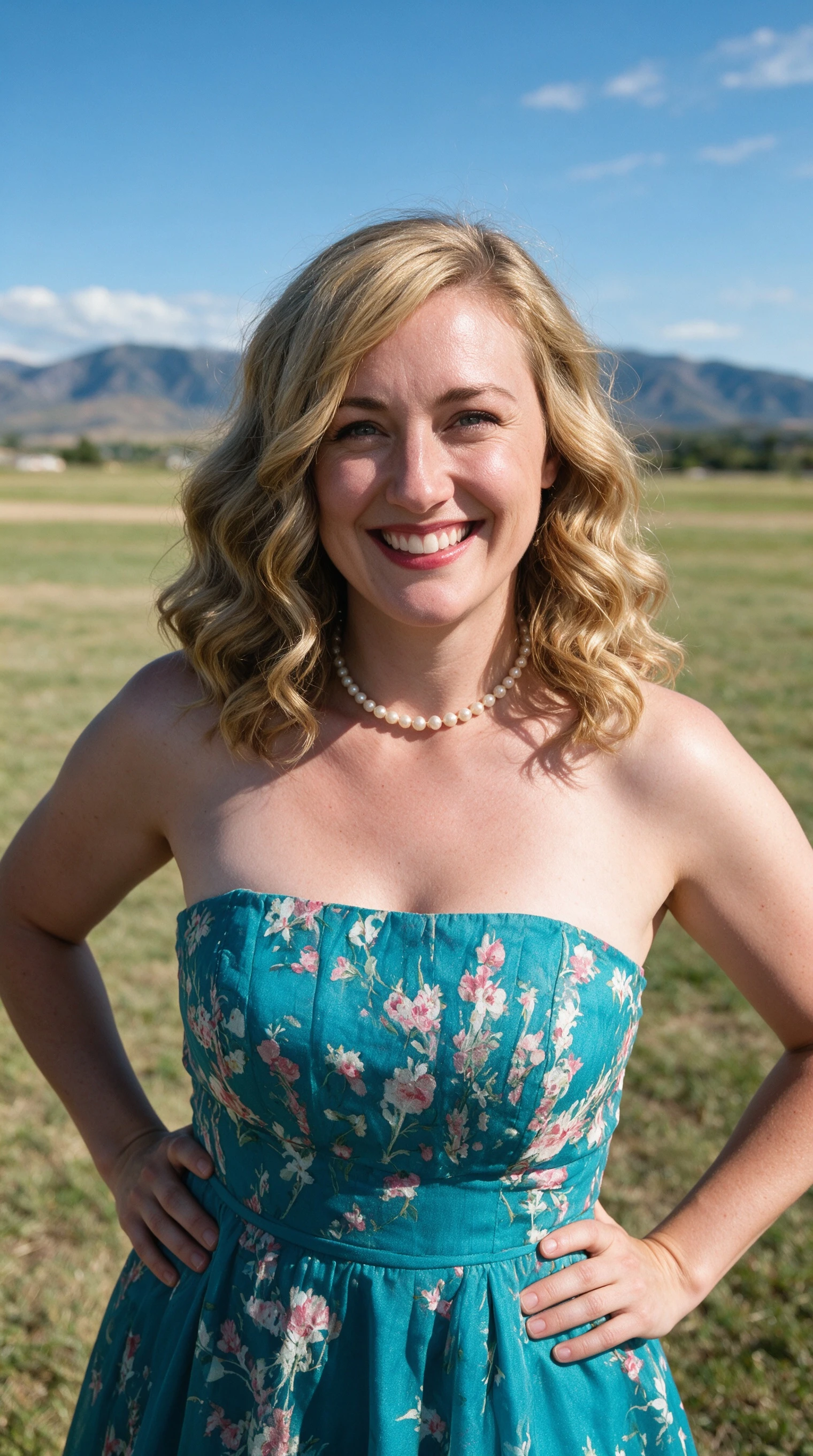 Woman wearing a cream floral lace A-line dress standing in an open grass field during golden hour