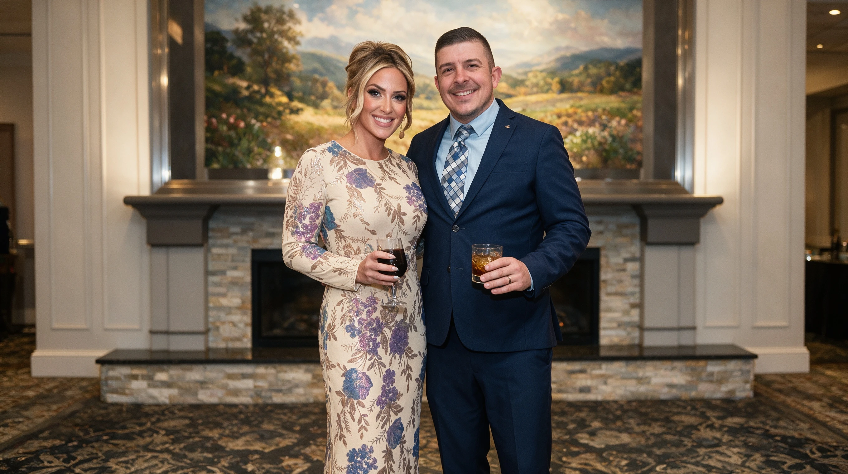 Couple dressed formally for a gala evening with champagne floral sequin gown