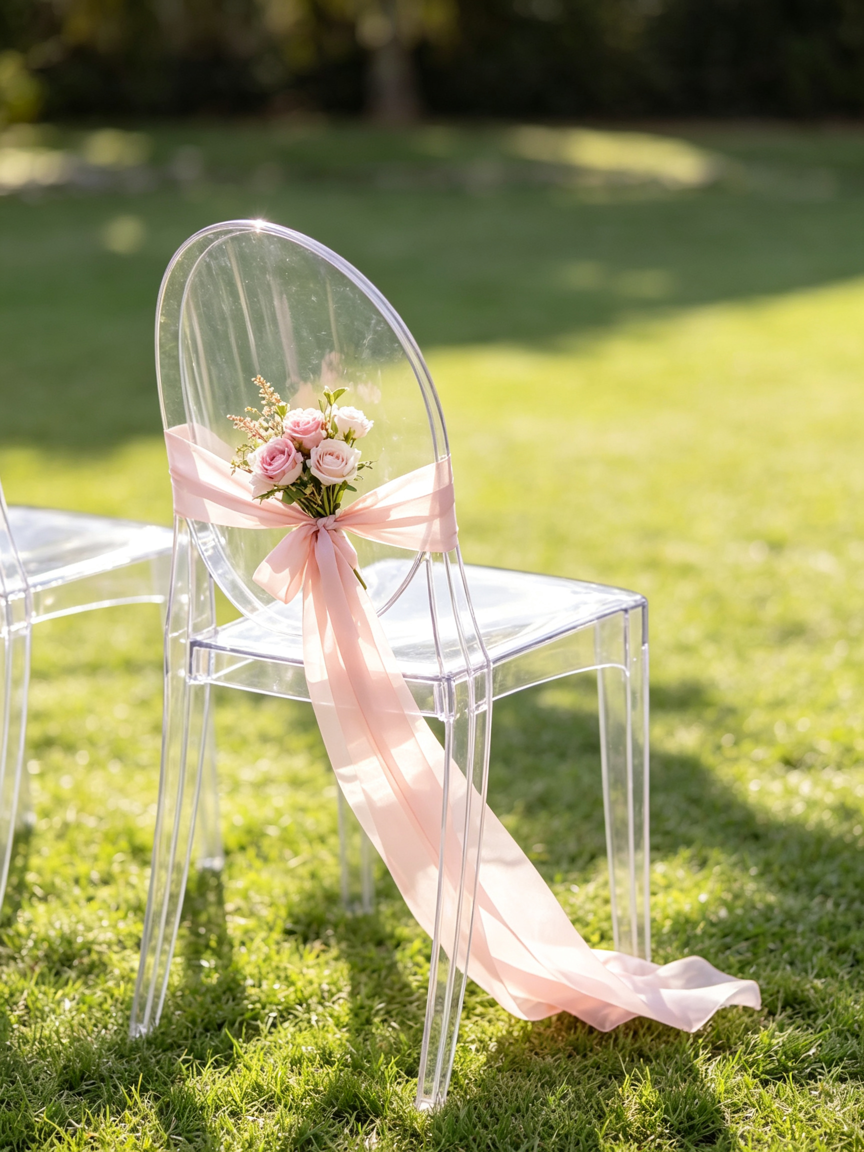 Decorated acrylic chair at a romantic outdoor wedding ceremony