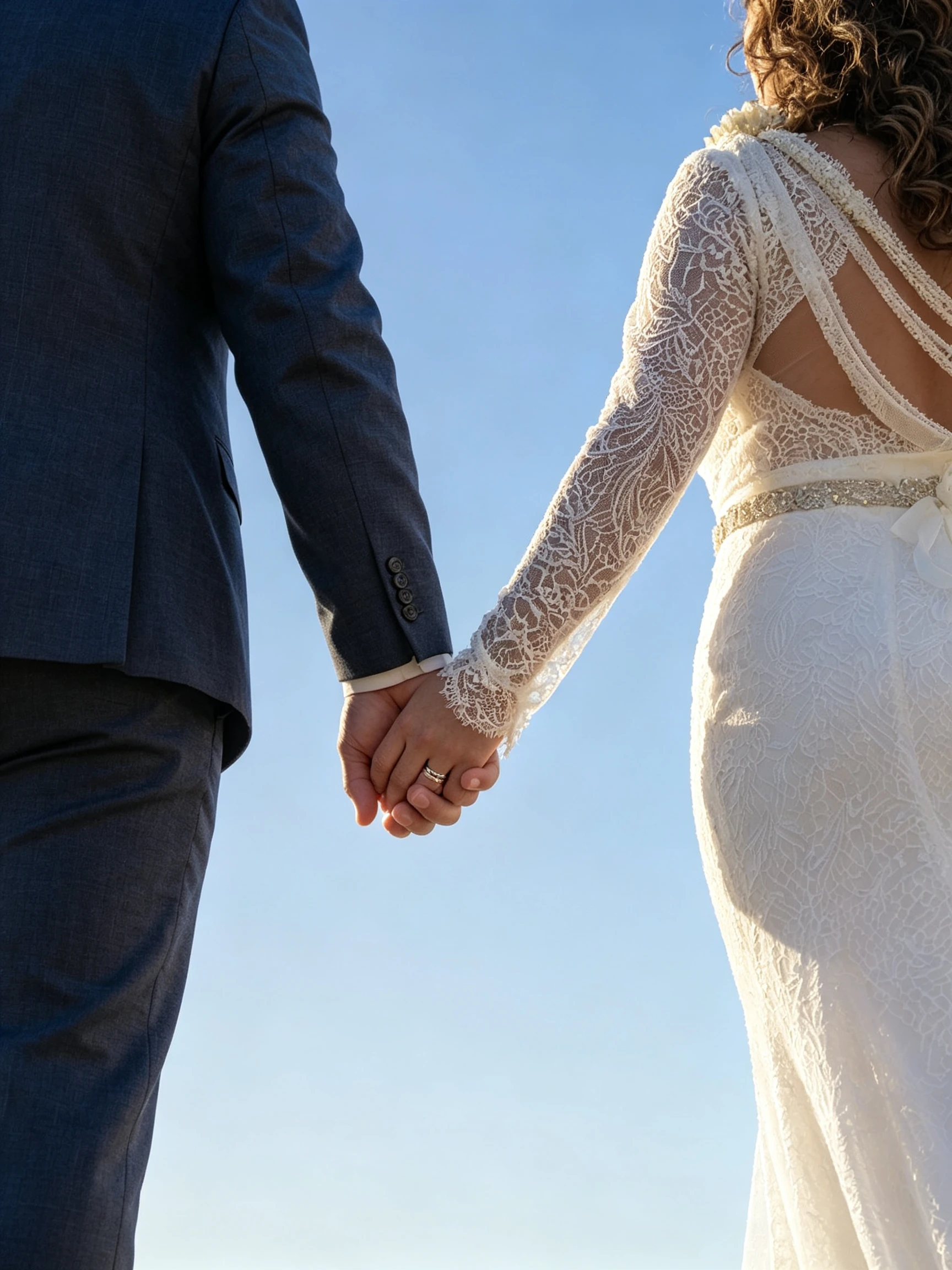 Newlywed couple holding hands during an outdoor destination wedding in Hawaii