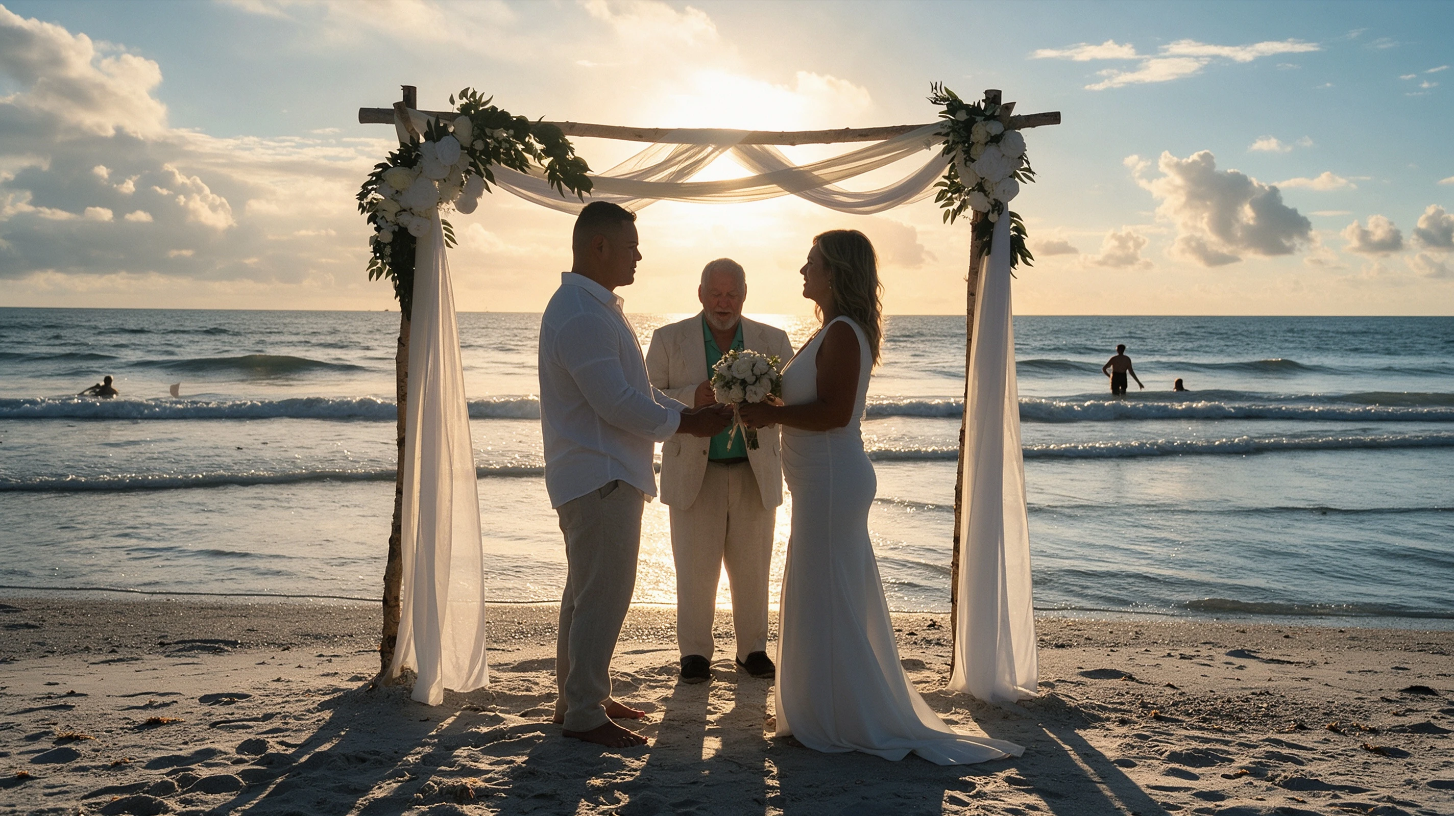 Bride standing beneath a driftwood wedding arch on Siesta Key Beach in a white mermaid dress