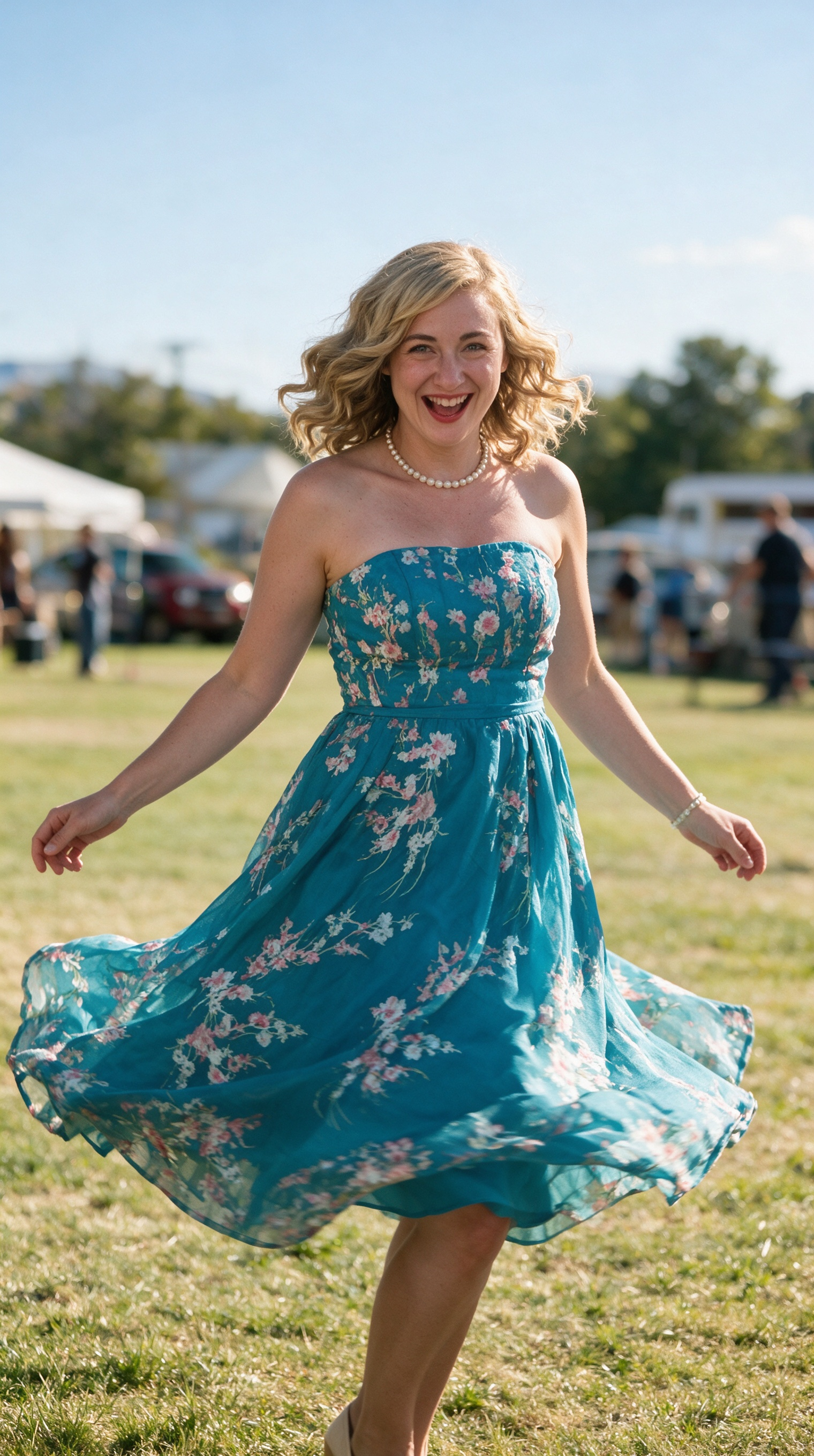 Woman in a cream floral lace A-line dress twirling on grass during golden hour