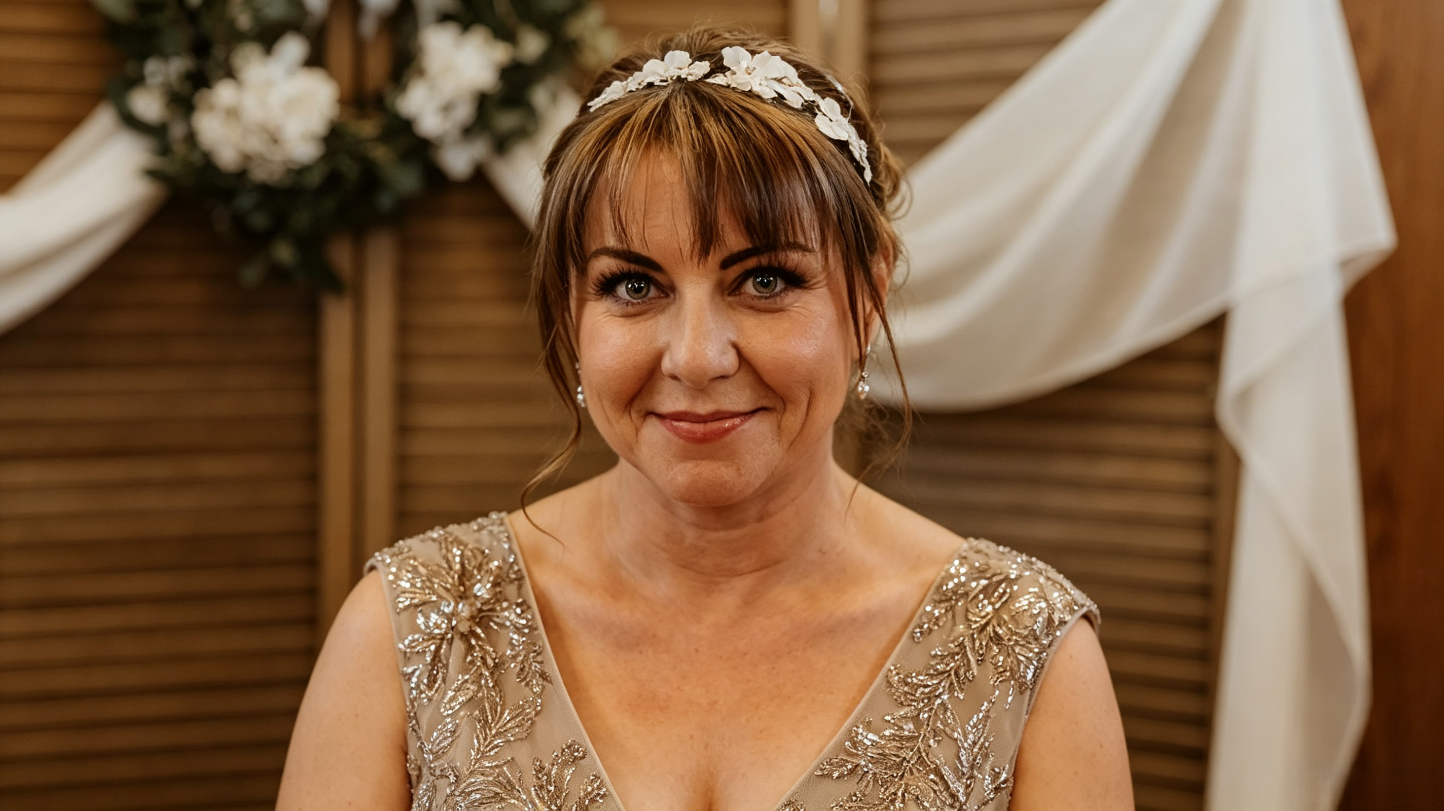 Bride wearing a taupe champagne sequin gown with floral head accessory