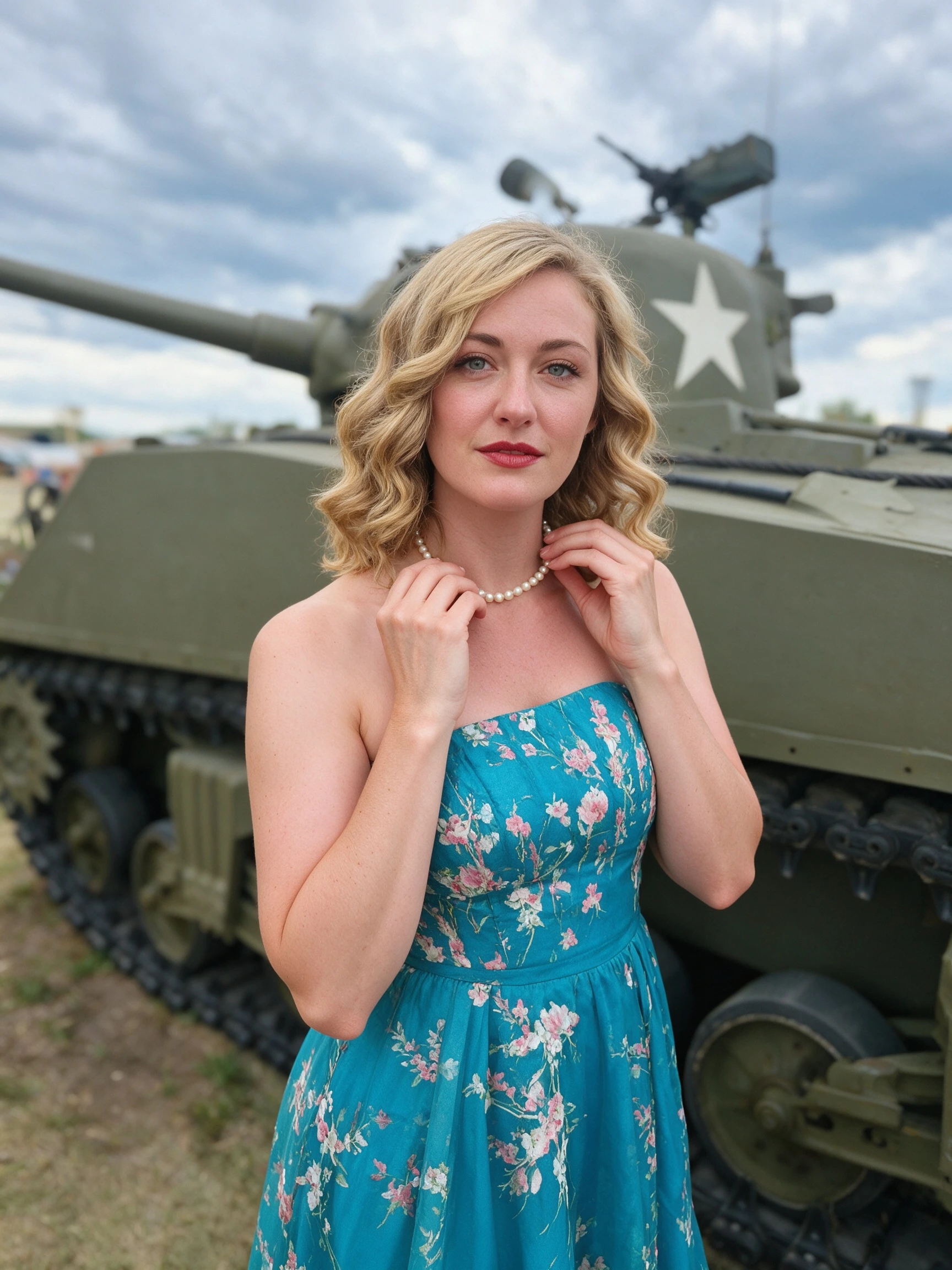 Woman wearing a cream floral lace A-line dress beside a vintage military tank at a 1940s themed event
