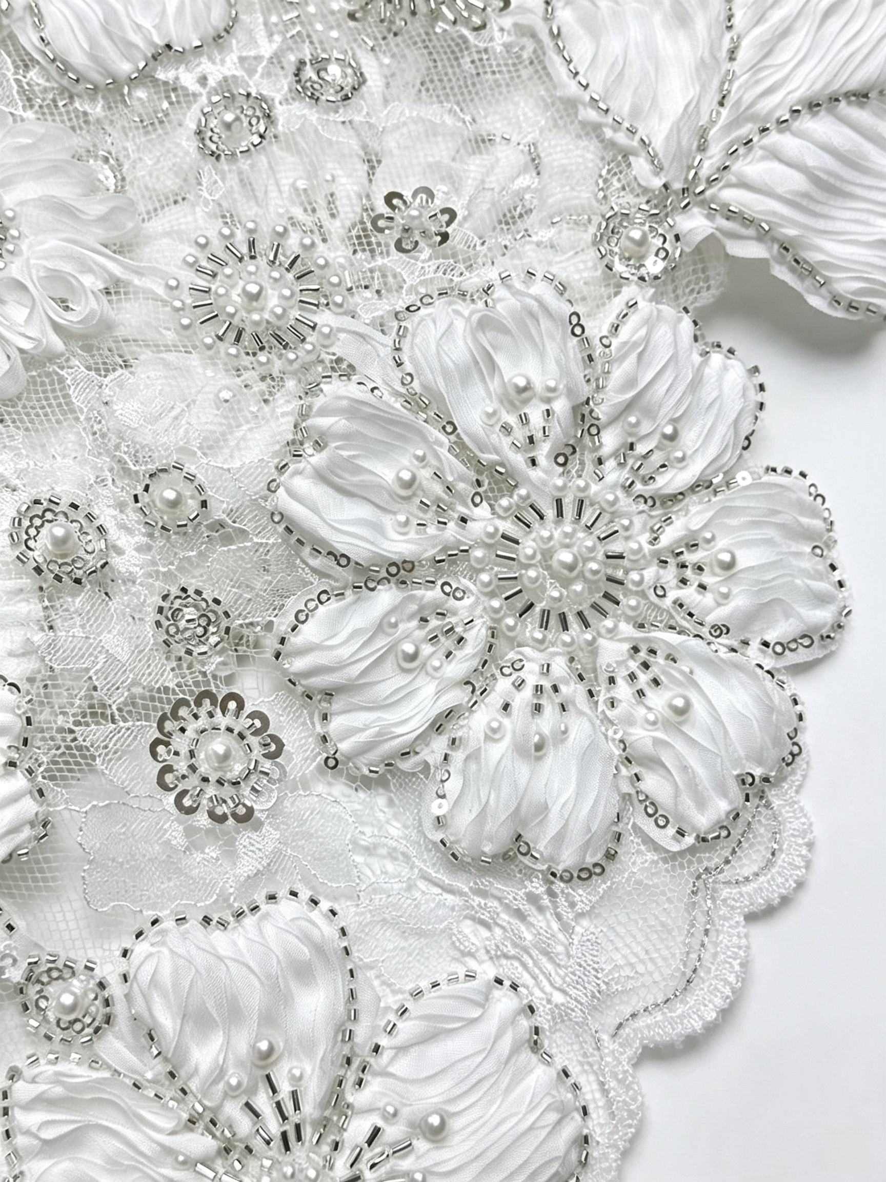 Ivory Large 3D Satin Flower Pearl Lace Fabric
