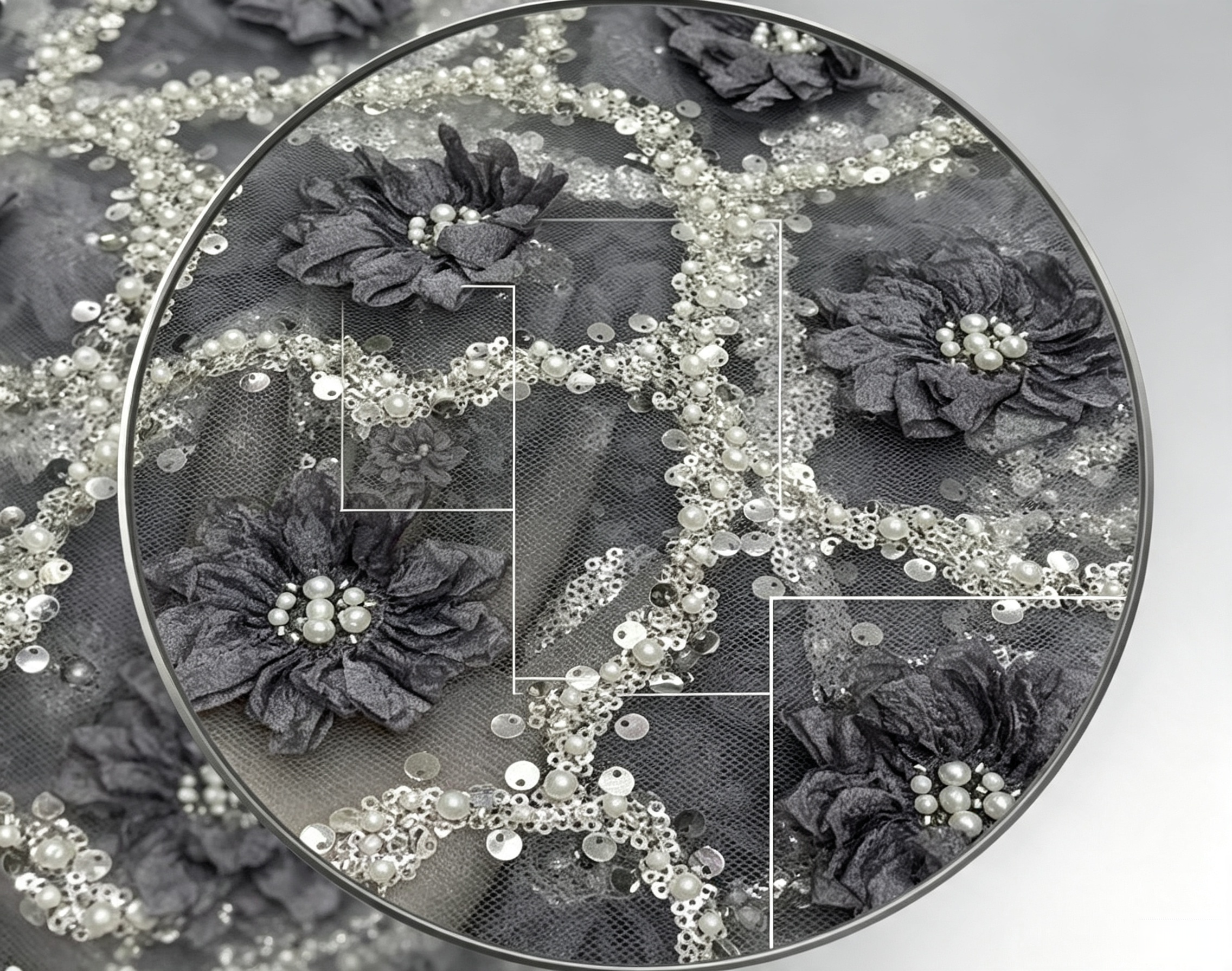 Grey 3D Floral Pearl Mesh Fabric