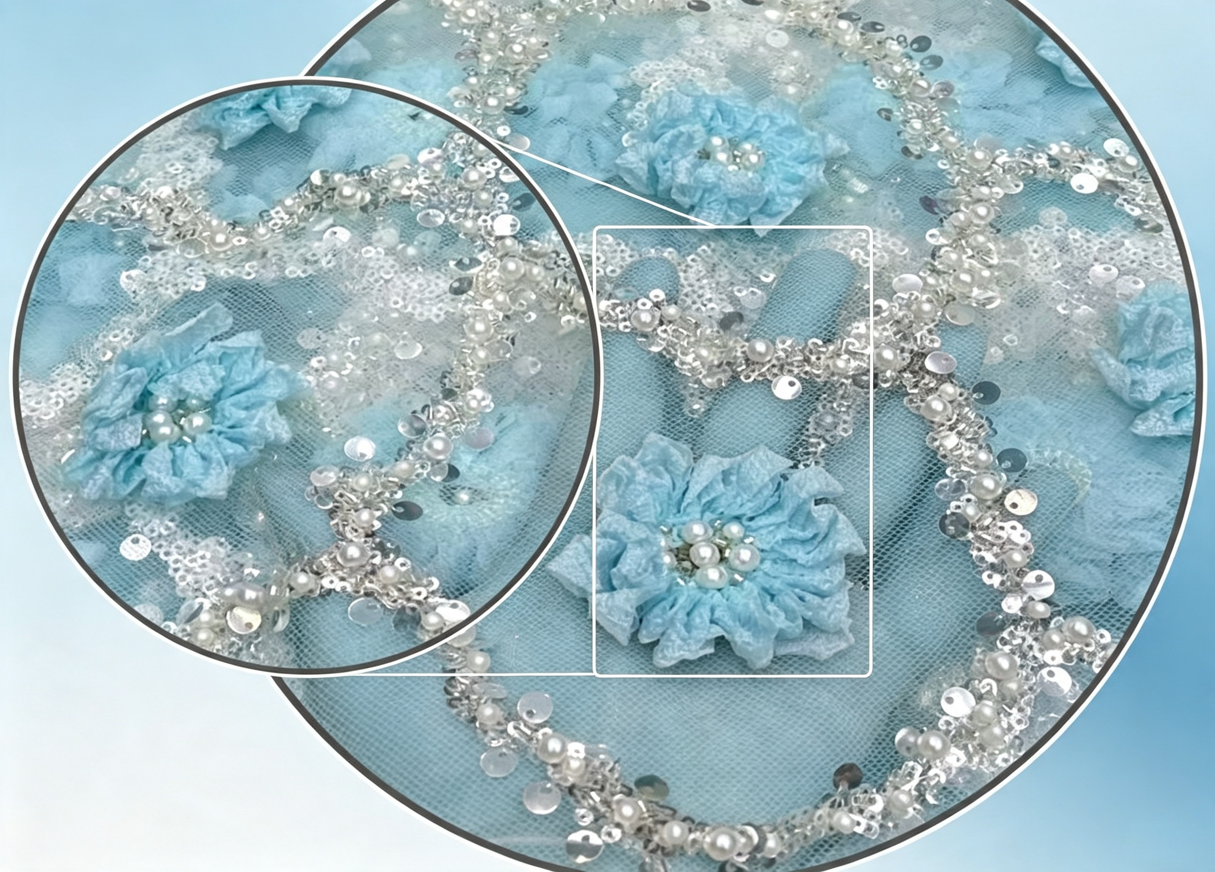 ANNAKOO custom light blue tulle with 3D flowers pearl clusters and silver sequin embellishment