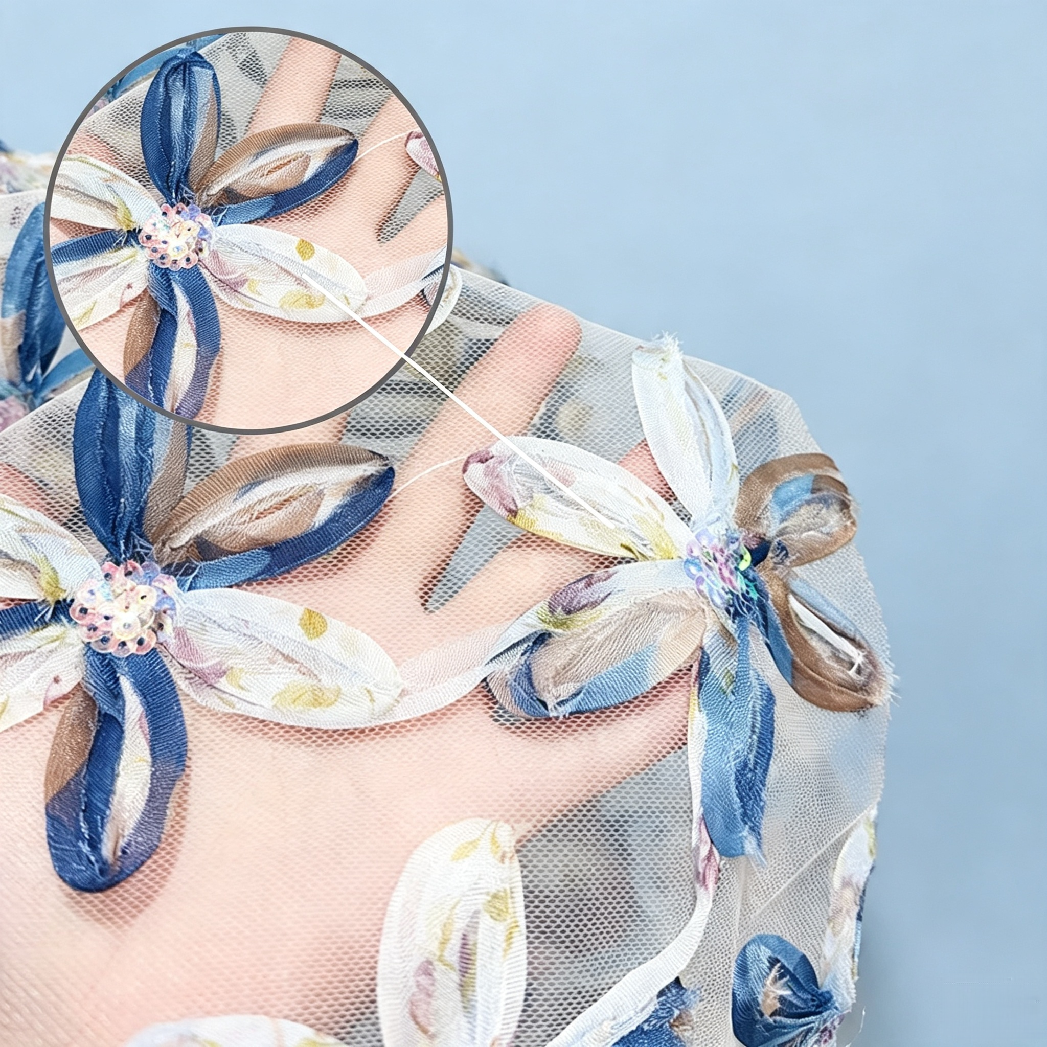Custom blue tulle fabric with colorful dimensional floral ribbons, beads and sequins
