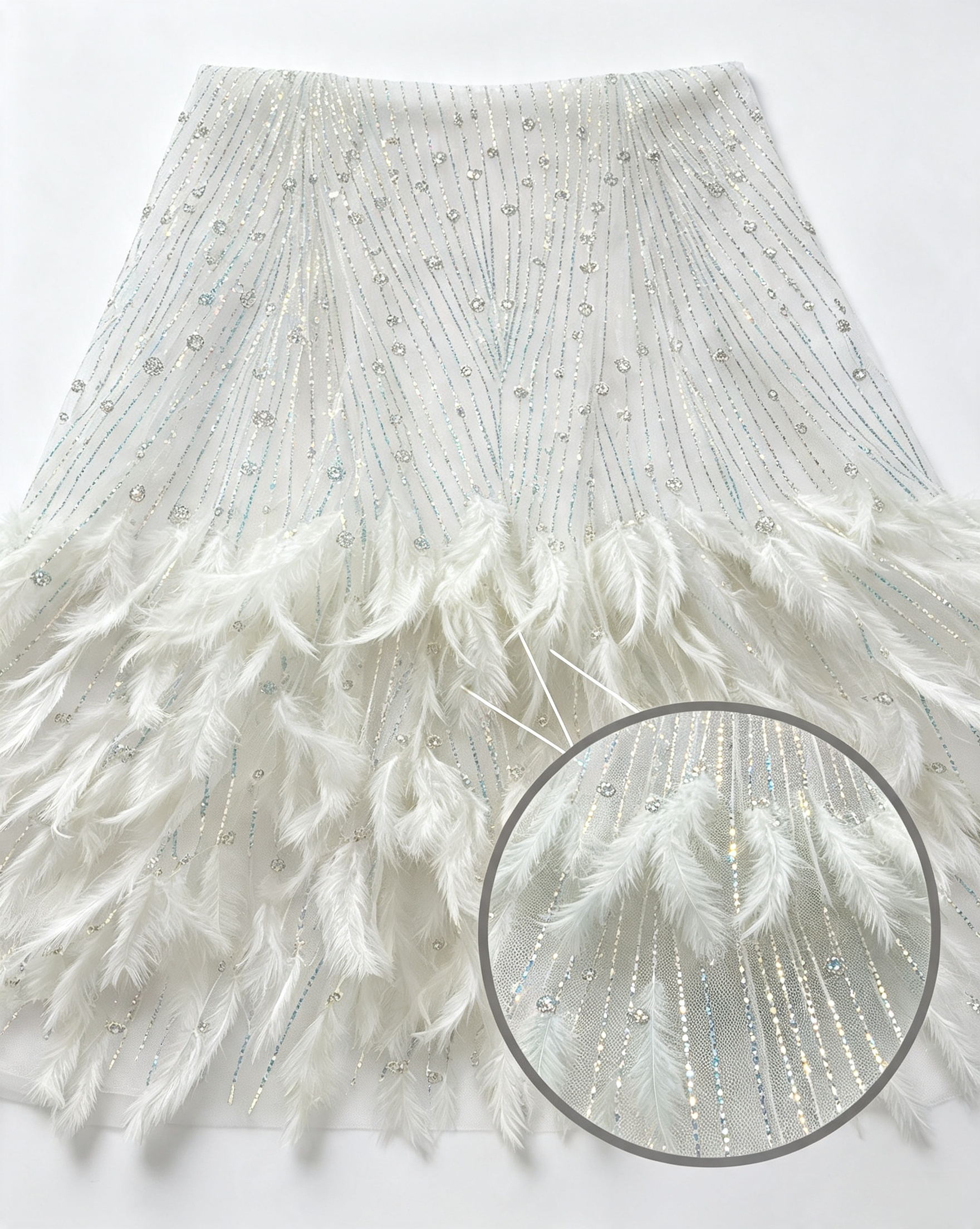 ANNAKOO custom ivory white feather sequin fabric with silver glitter stripes