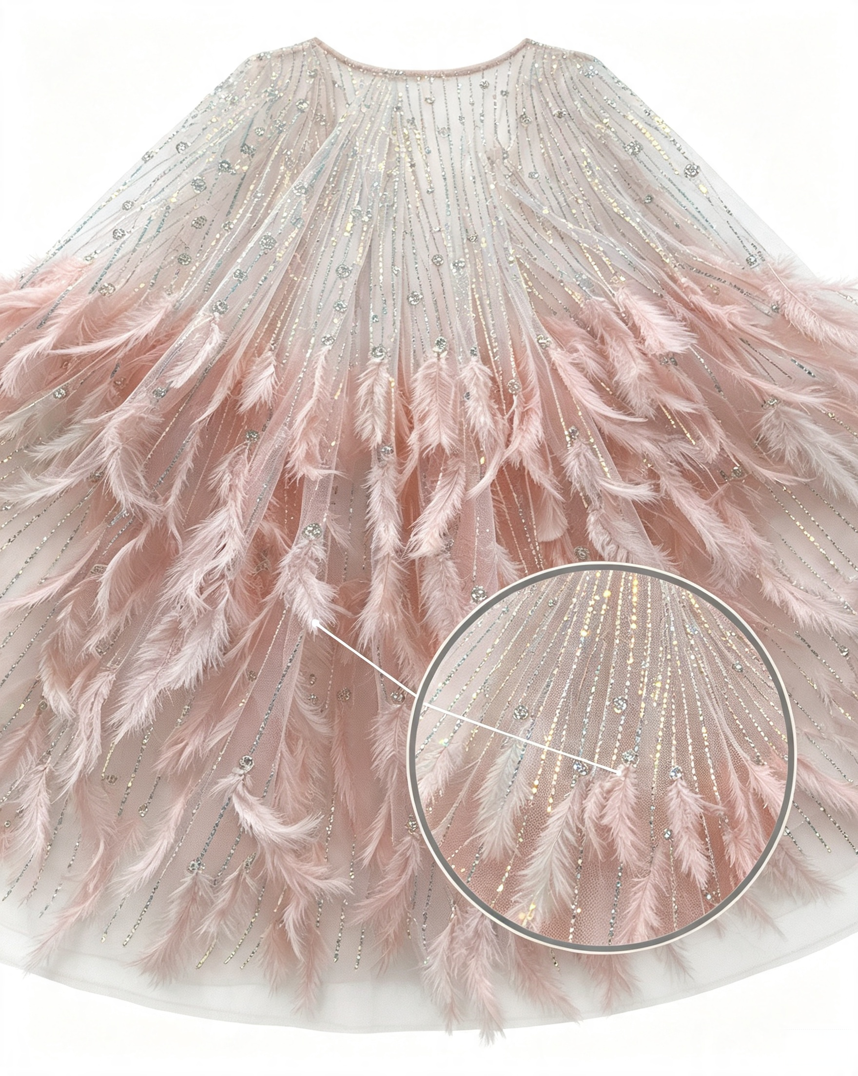 ANNAKOO custom pink tulle sequin and feather fabric