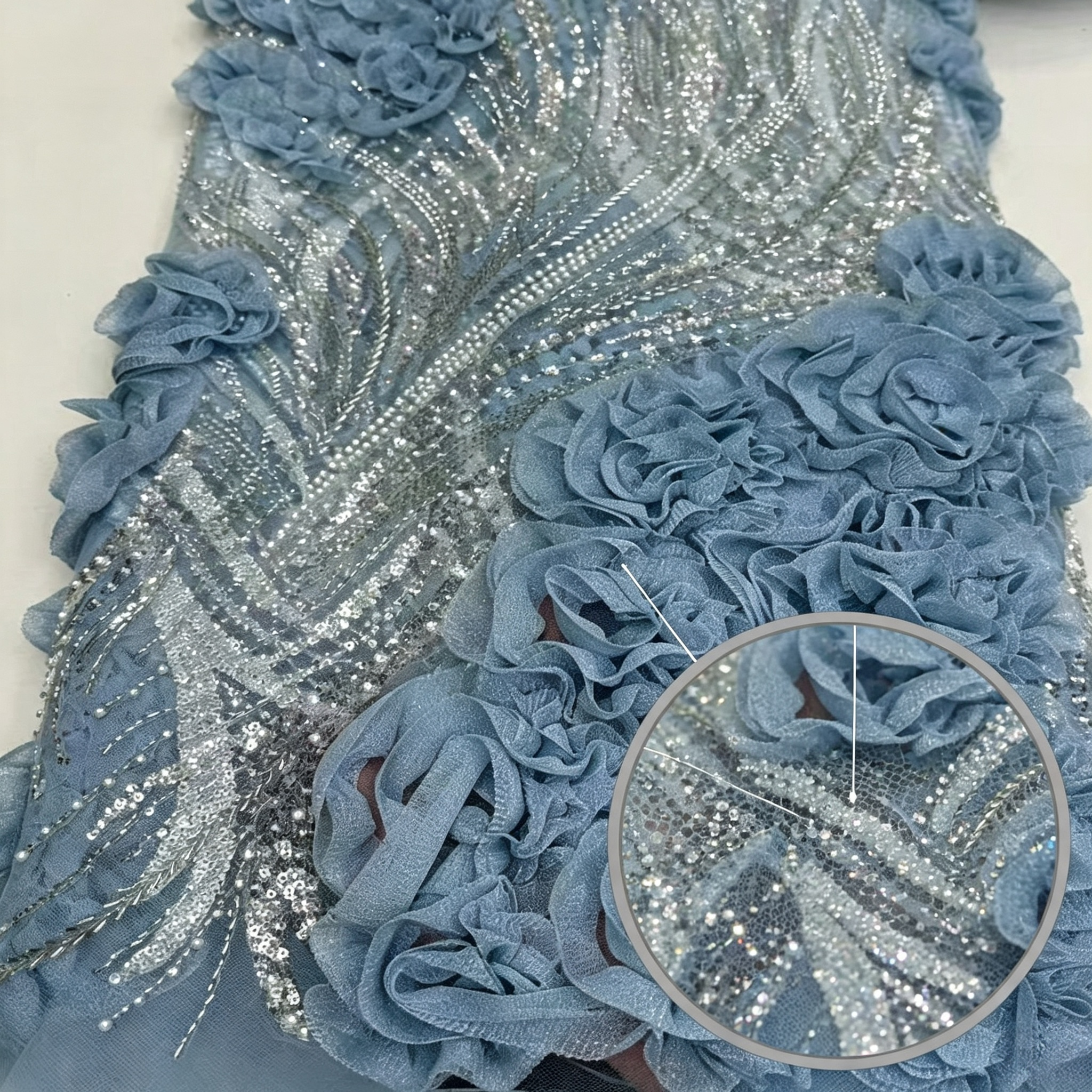 ANNAKOO custom dusty blue beaded sequin fabric