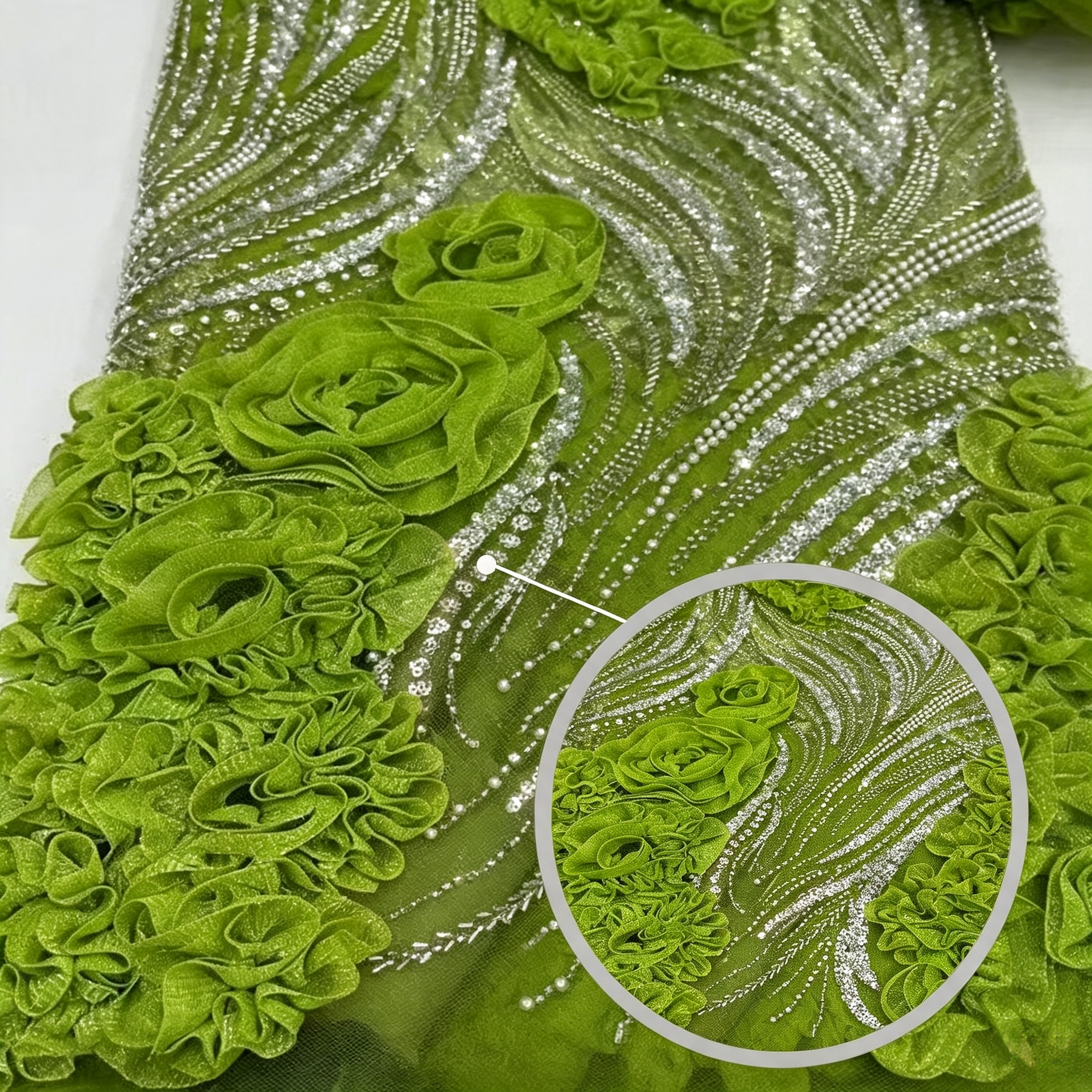 3D Floral Wave Beaded Tulle Mesh