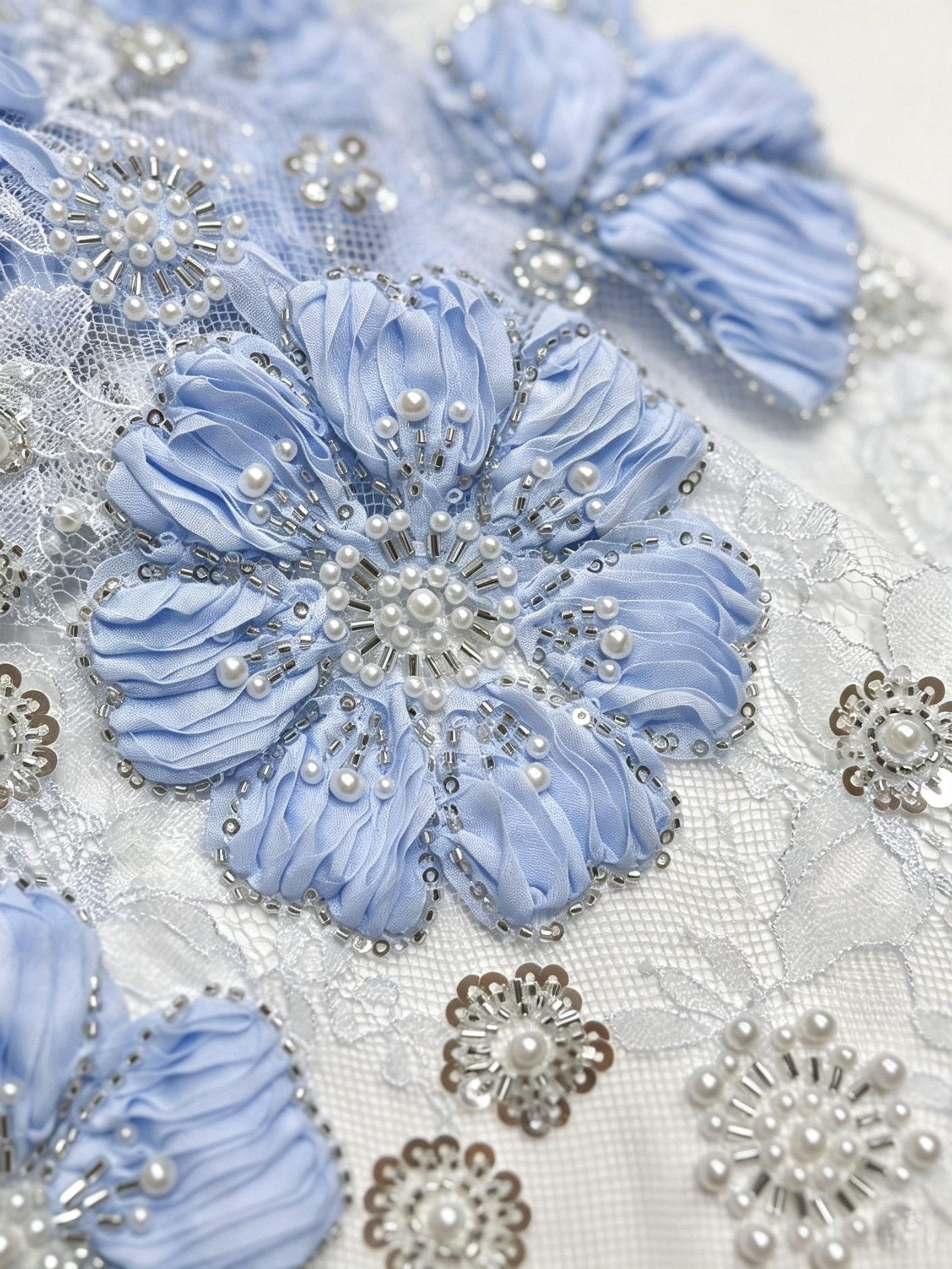 Baby Blue Large 3D Satin Flower Pearl Lace Fabric