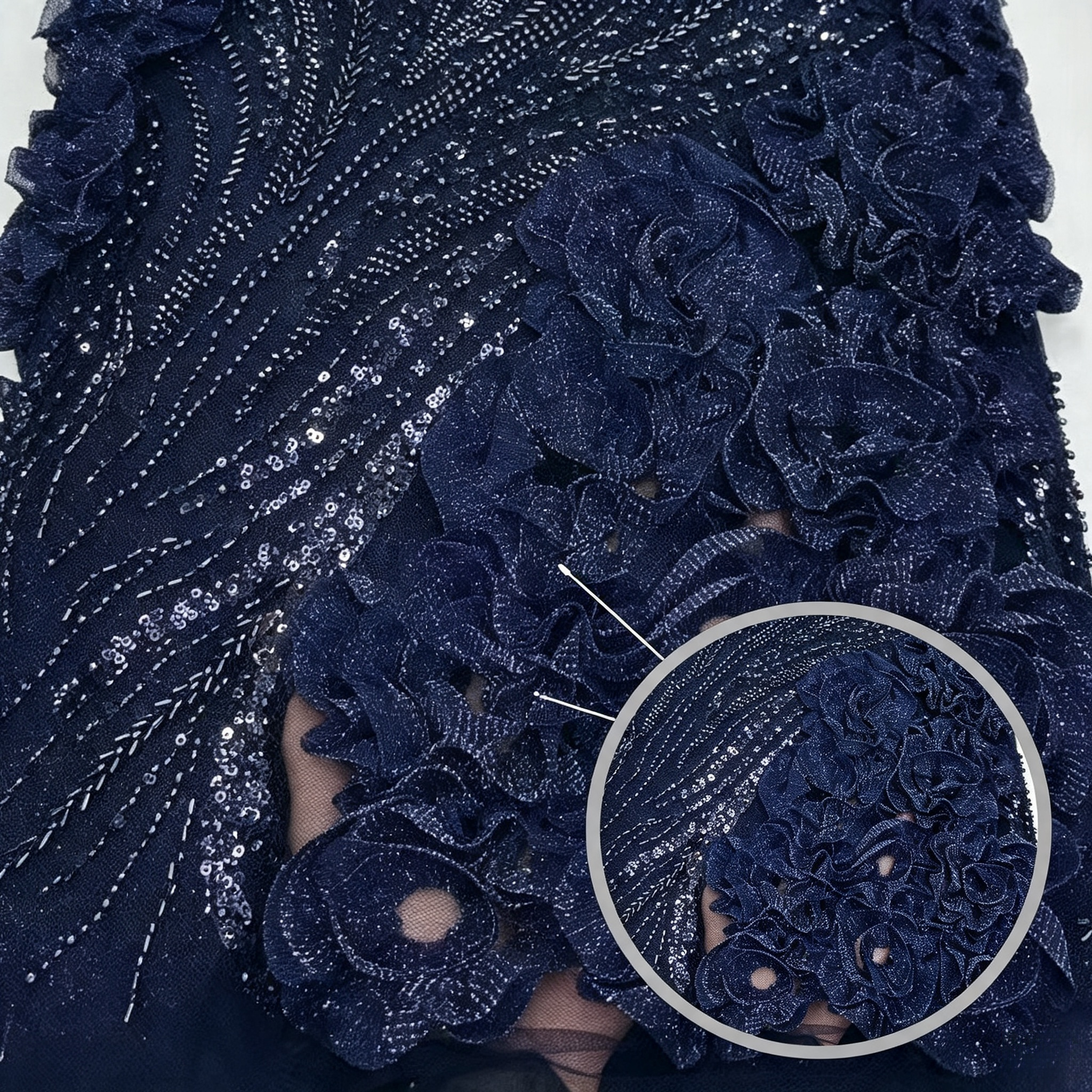 ANNAKOO custom navy blue floral beaded fabric close up
