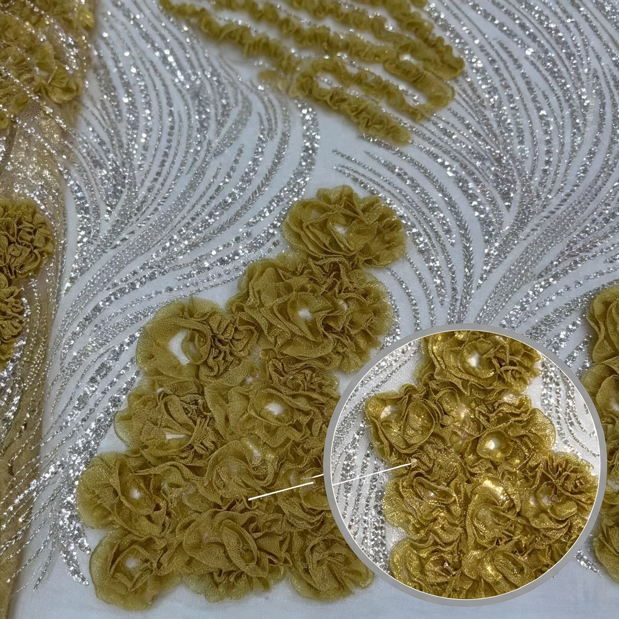 ANNAKOO custom gold 3D floral beaded tulle fabric for cape mermaid prom dress