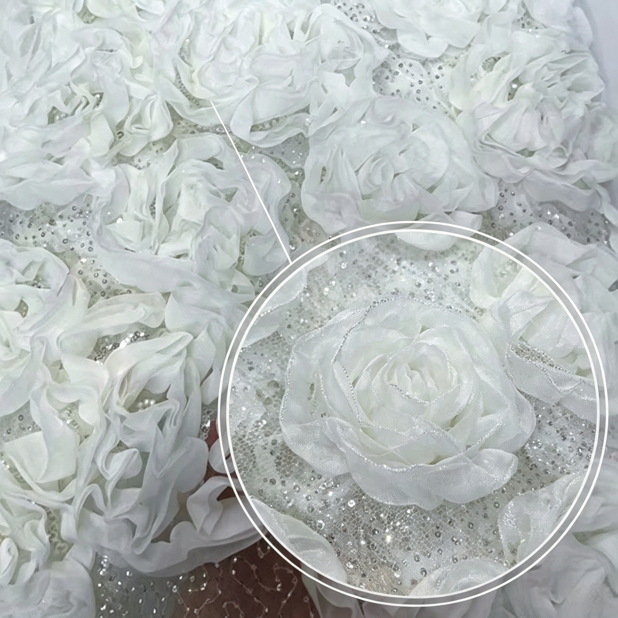 ANNAKOO custom ivory white 3D chiffon rose rhinestone tulle fabric