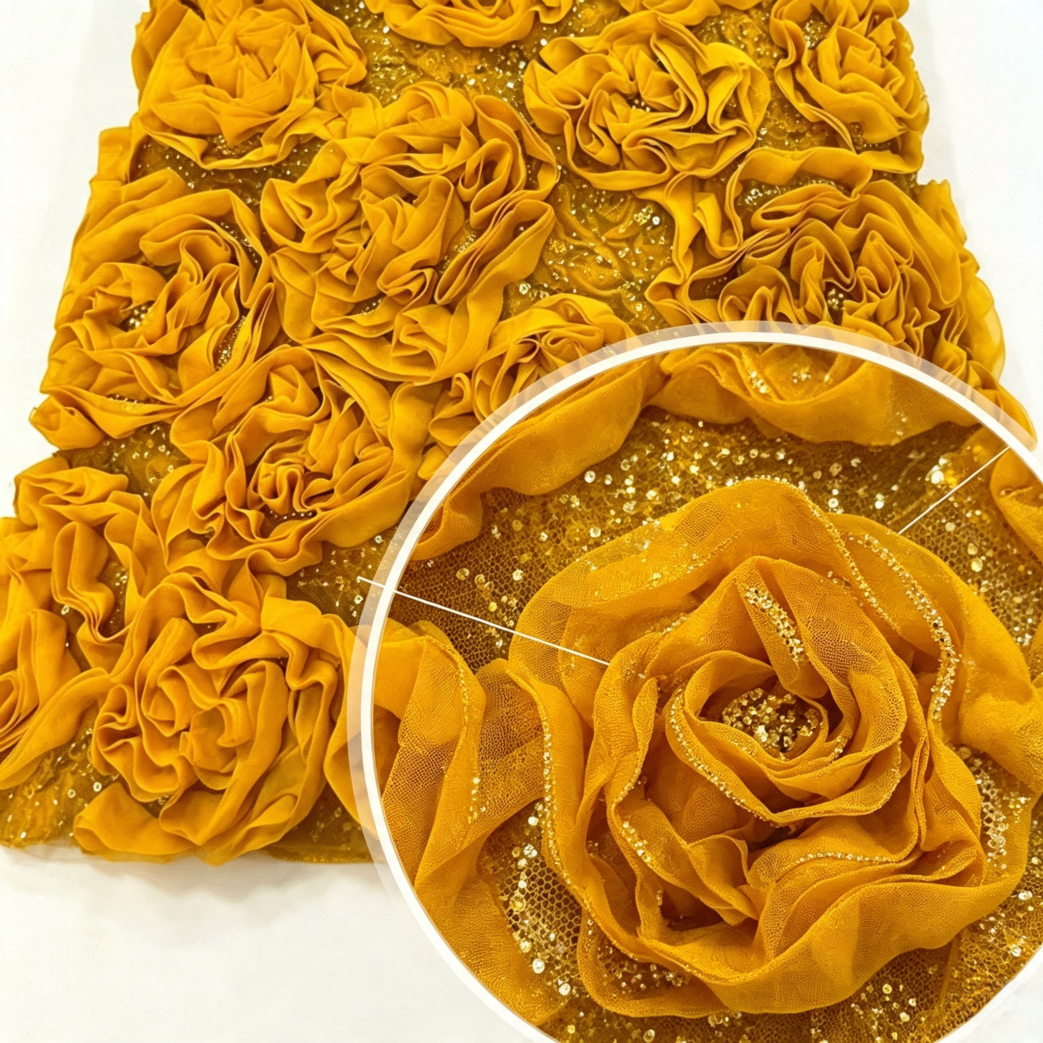 ANNAKOO custom mustard gold 3D chiffon rose sequin tulle fabric for prom dress