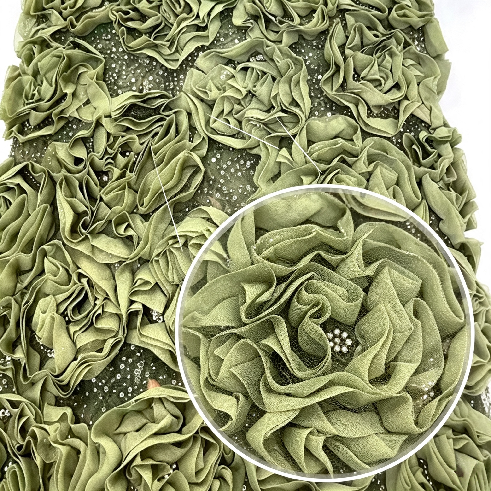 ANNAKOO custom olive green 3D chiffon rose sequin tulle fabric